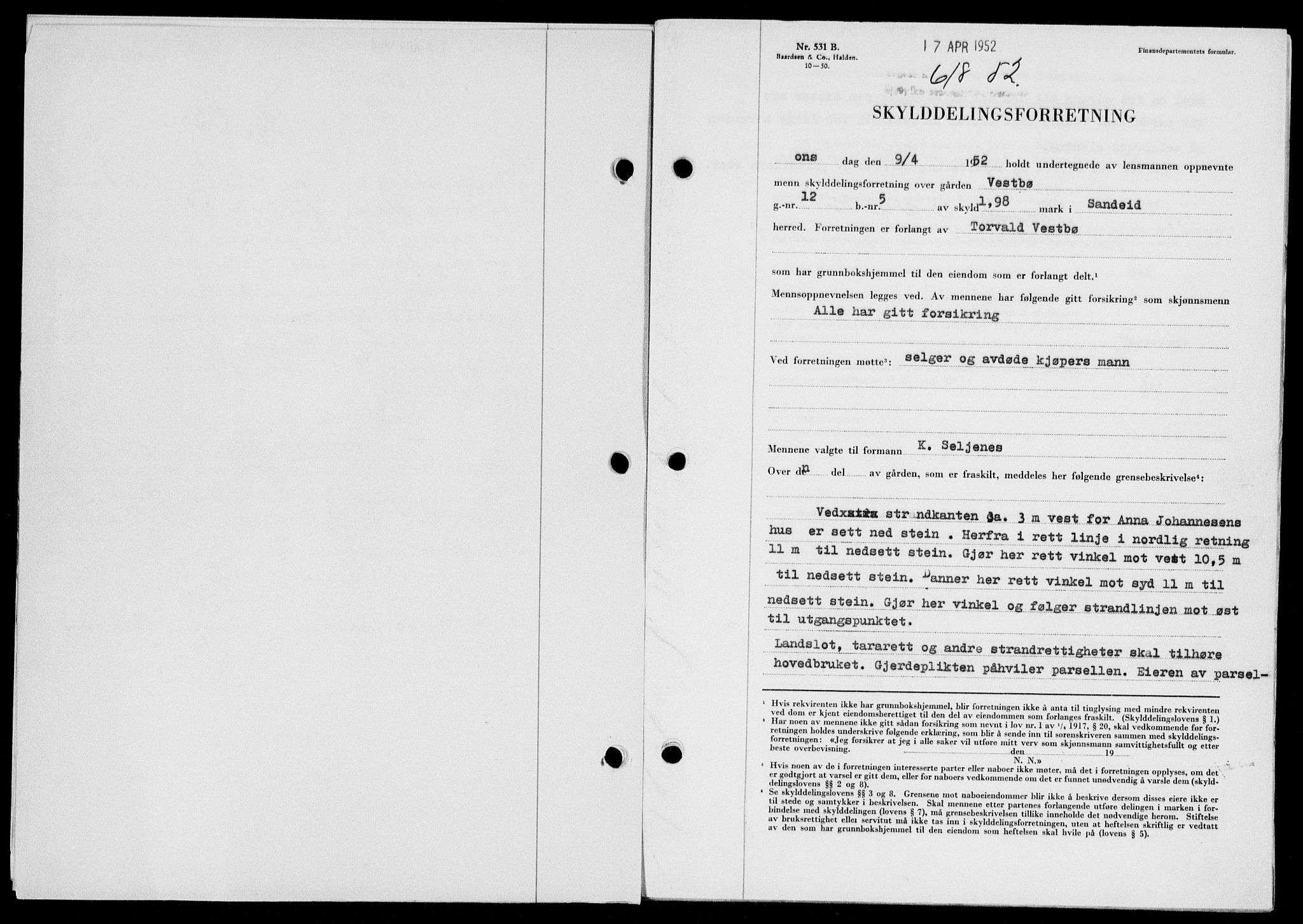 Ryfylke tingrett, SAST/A-100055/001/II/IIB/L0116: Pantebok nr. 95, 1951-1952, Dagboknr: 618/1952
