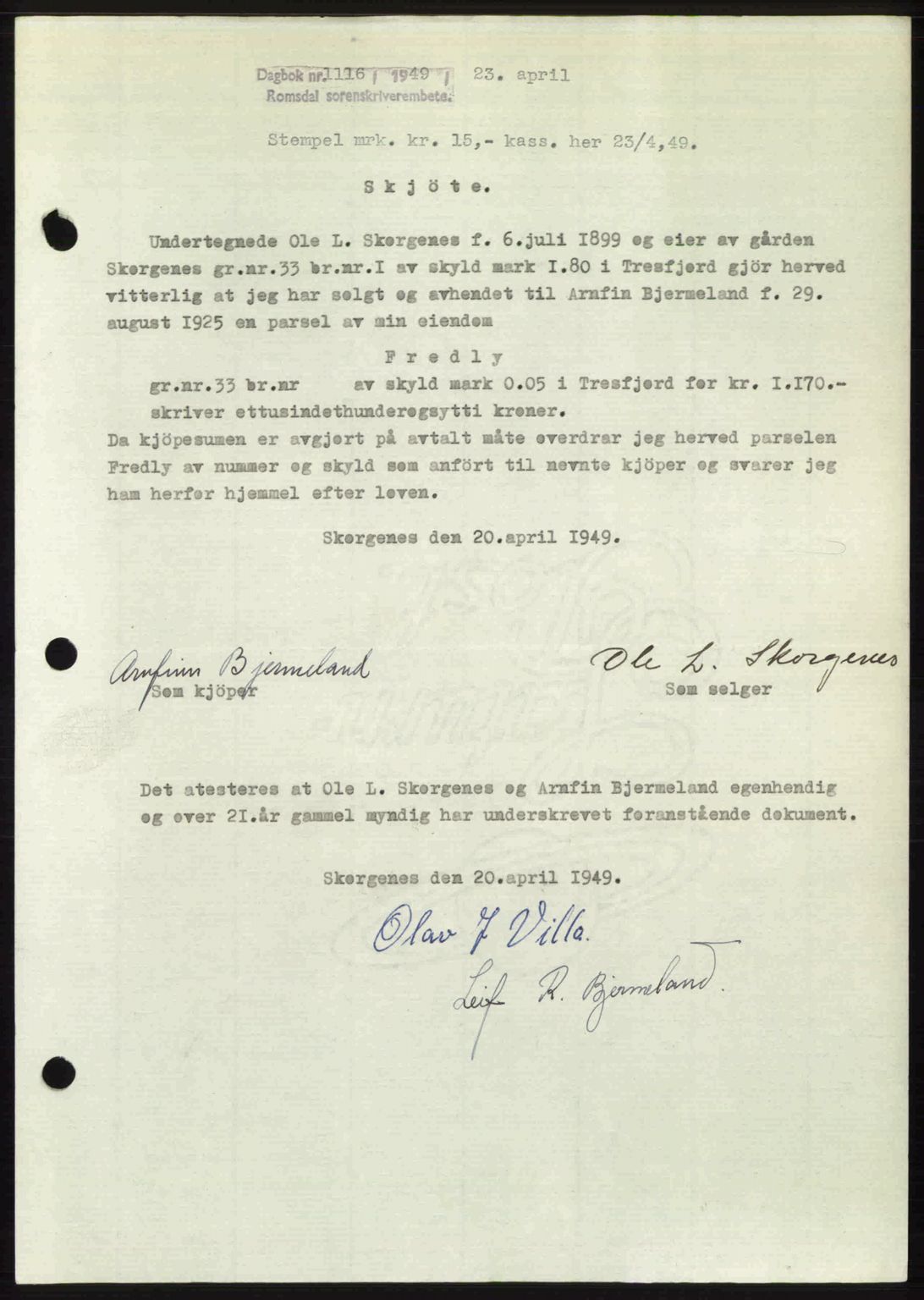 Romsdal sorenskriveri, SAT/A-4149/1/2/2C: Pantebok nr. A29, 1949-1949, Dagboknr: 1116/1949