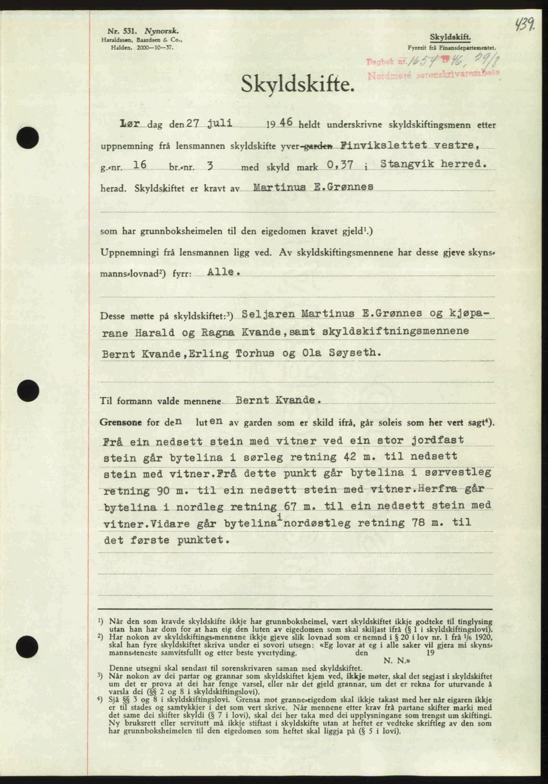 Nordmøre sorenskriveri, SAT/A-4132/1/2/2Ca: Pantebok nr. A102, 1946-1946, Dagboknr: 1654/1946