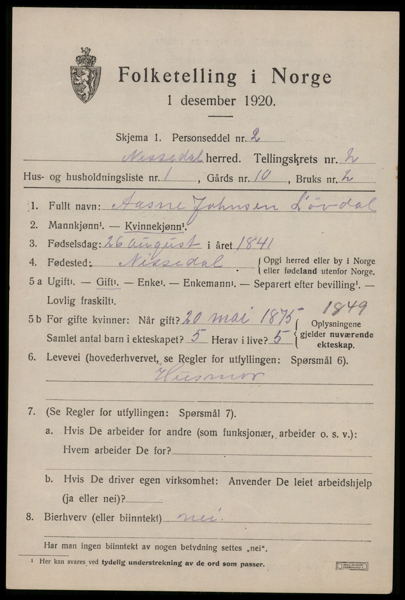 SAKO, Folketelling 1920 for 0830 Nissedal herred, 1920, s. 1287