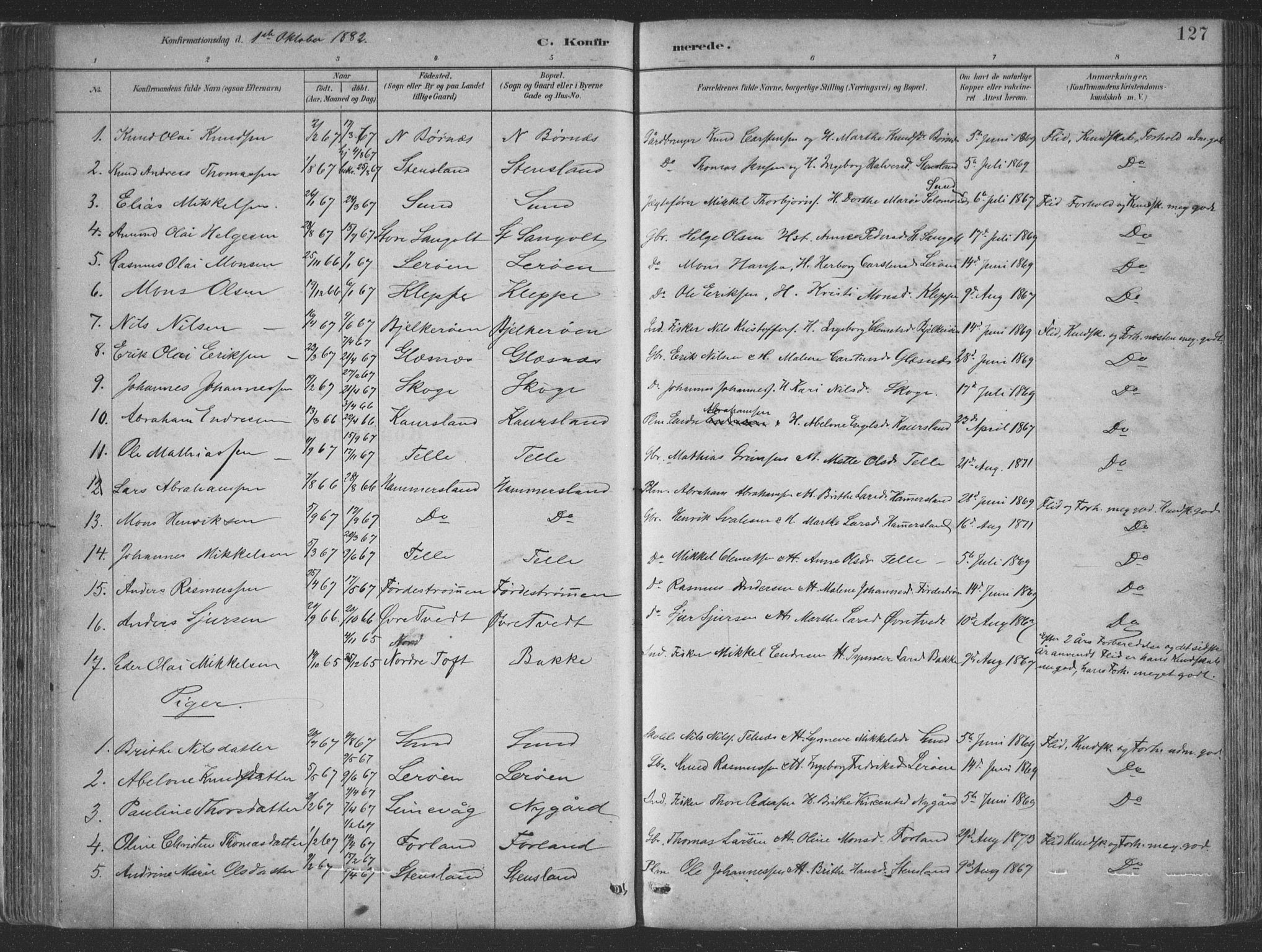 Sund sokneprestembete, AV/SAB-A-99930: Klokkerbok nr. B 3, 1882-1911, s. 127