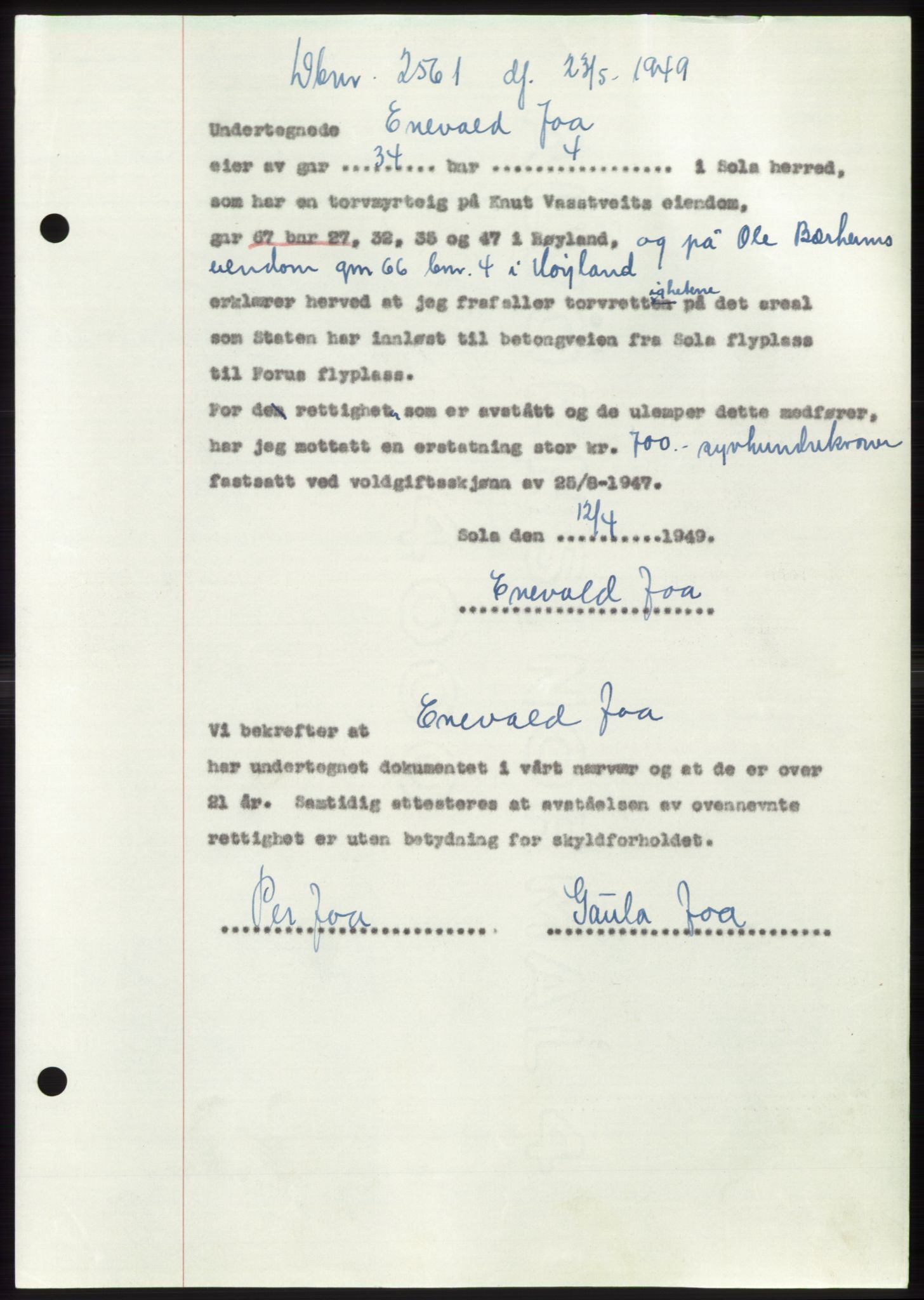 Jæren sorenskriveri, SAST/A-100310/03/G/Gba/L0102: Pantebok, 1949-1949, Dagboknr: 2561/1949