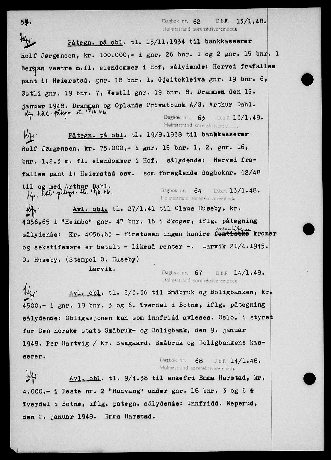Holmestrand sorenskriveri, SAKO/A-67/G/Ga/Gab/L0058: Pantebok nr. B-58, 1947-1948, s. 54, Dagboknr: 62/1948