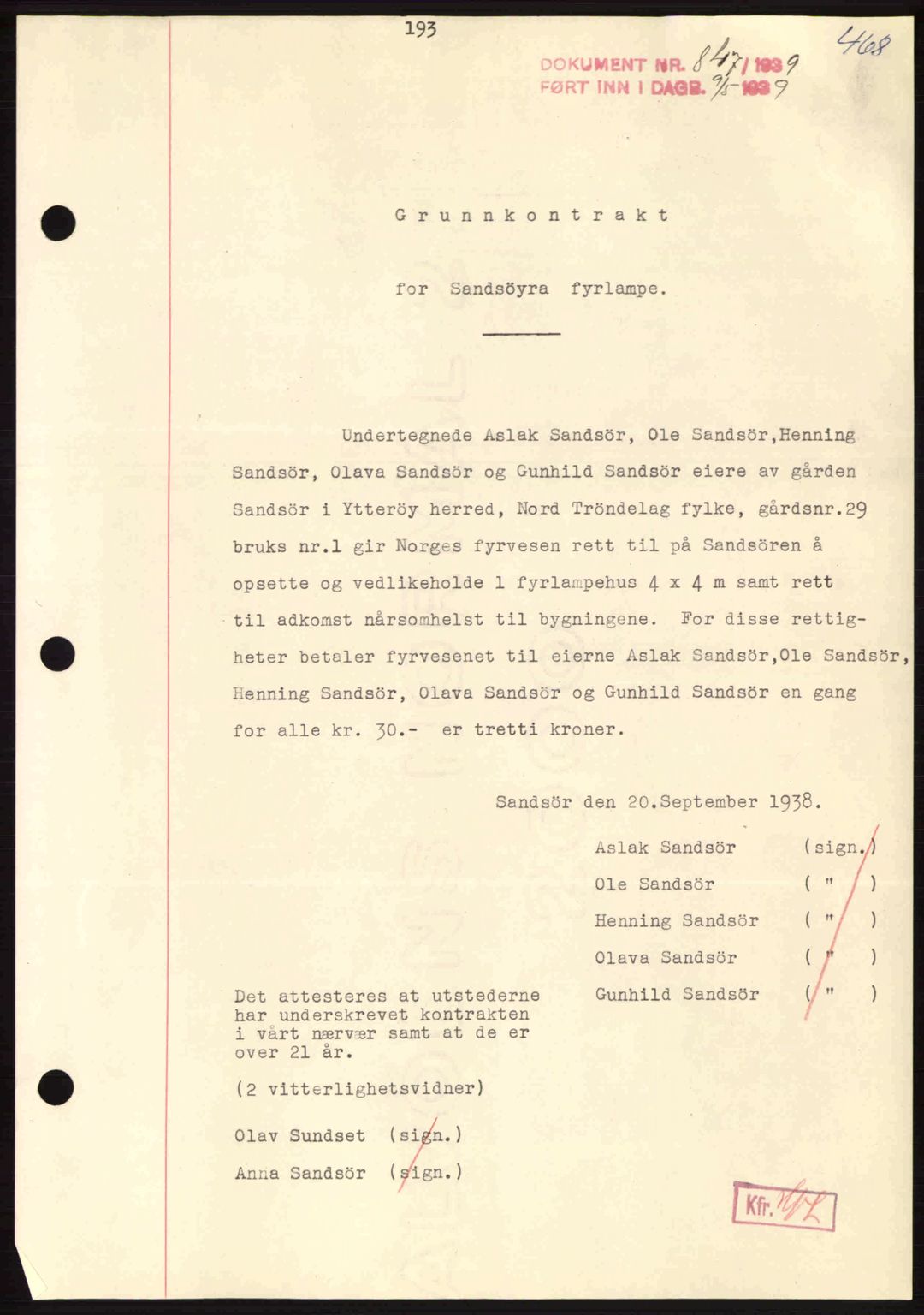 Inderøy sorenskriveri, SAT/A-4147/1/2/2C: Pantebok nr. Y1, 1936-1950, Dagboknr: 847/1939