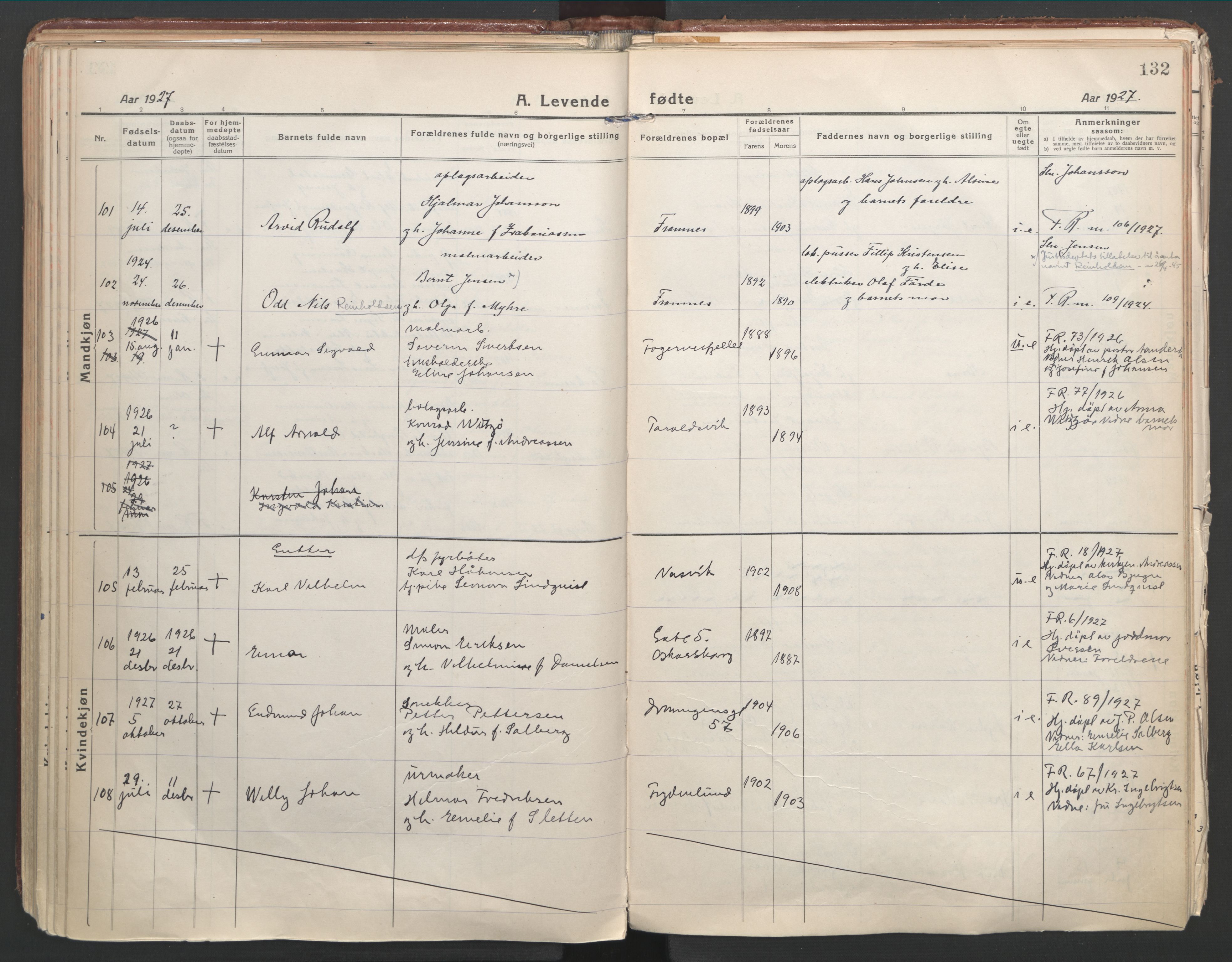 Ministerialprotokoller, klokkerbøker og fødselsregistre - Nordland, AV/SAT-A-1459/871/L1003: Ministerialbok nr. 871A19, 1921-1930, s. 132