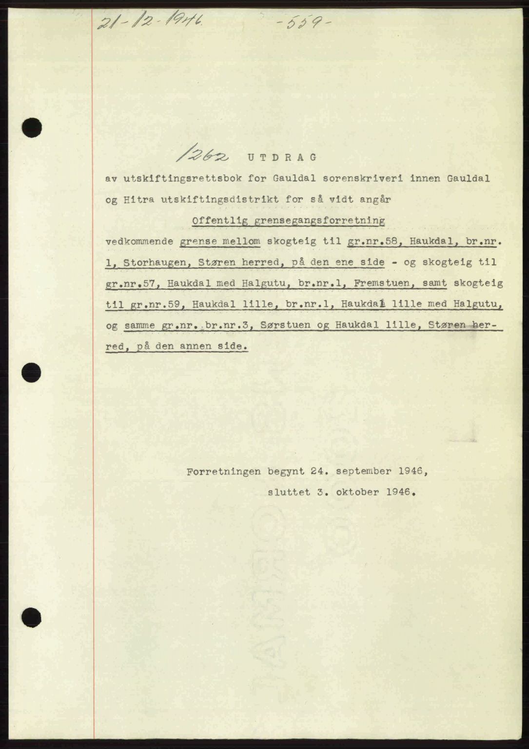Gauldal sorenskriveri, SAT/A-0014/1/2/2C: Pantebok nr. A2, 1946-1946, Dagboknr: 1262/1946