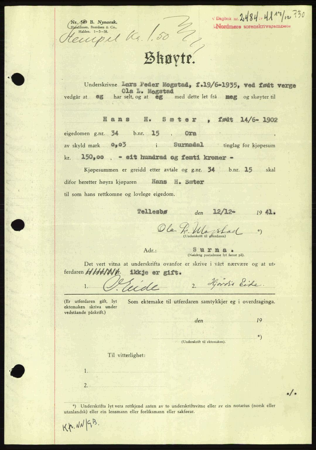 Nordmøre sorenskriveri, AV/SAT-A-4132/1/2/2Ca: Pantebok nr. A91, 1941-1942, Dagboknr: 2484/1941