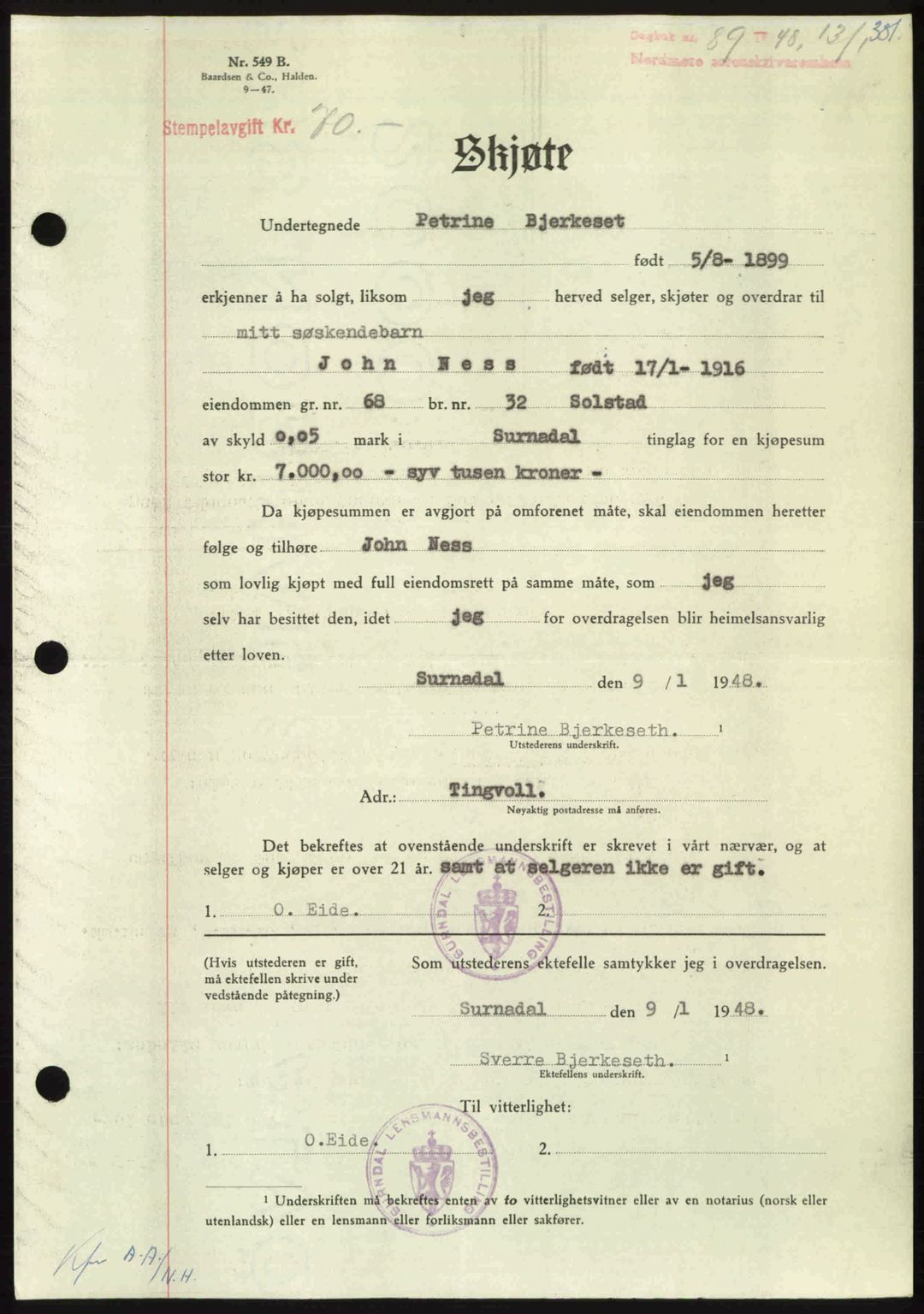 Nordmøre sorenskriveri, AV/SAT-A-4132/1/2/2Ca: Pantebok nr. A107, 1947-1948, Dagboknr: 89/1948