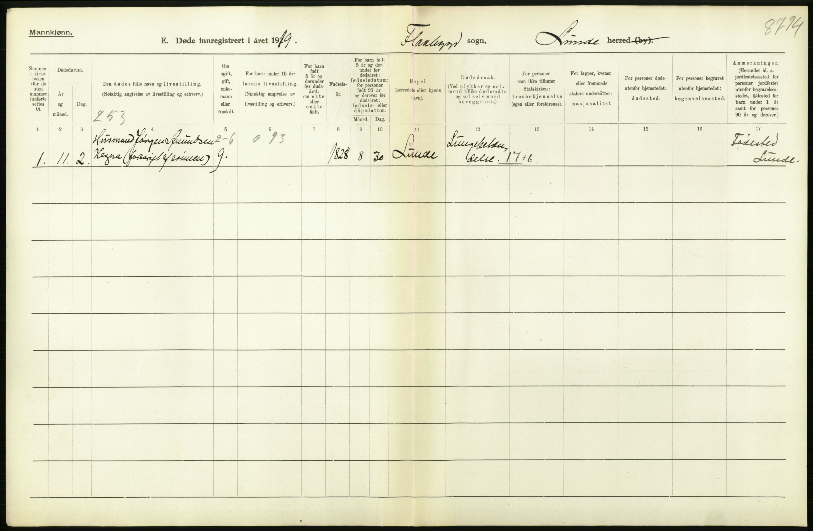 Statistisk sentralbyrå, Sosiodemografiske emner, Befolkning, AV/RA-S-2228/D/Df/Dfb/Dfbi/L0023: Telemark fylke: Døde. Bygder og byer., 1919, s. 92