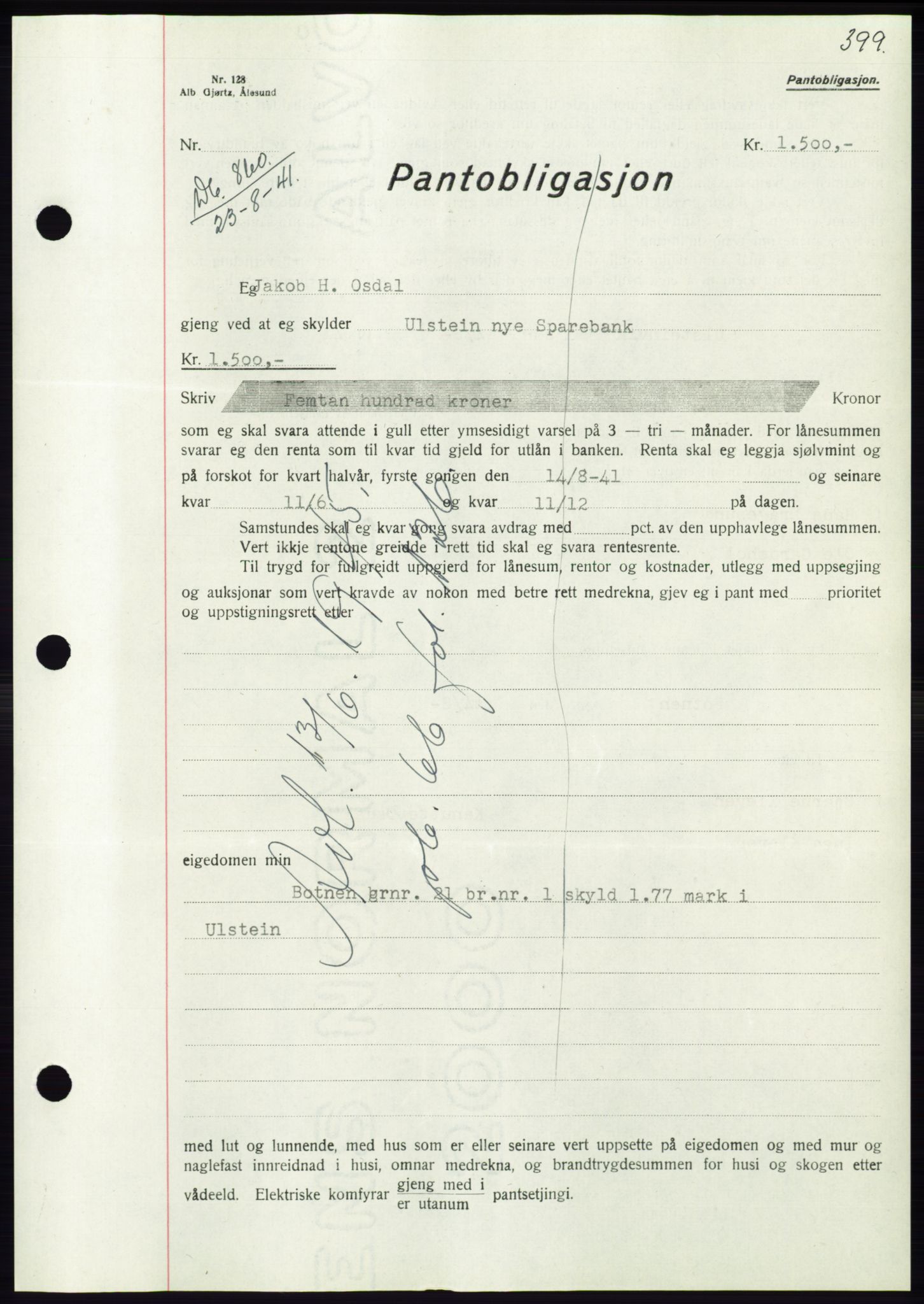 Søre Sunnmøre sorenskriveri, AV/SAT-A-4122/1/2/2C/L0071: Pantebok nr. 65, 1941-1941, Dagboknr: 860/1941