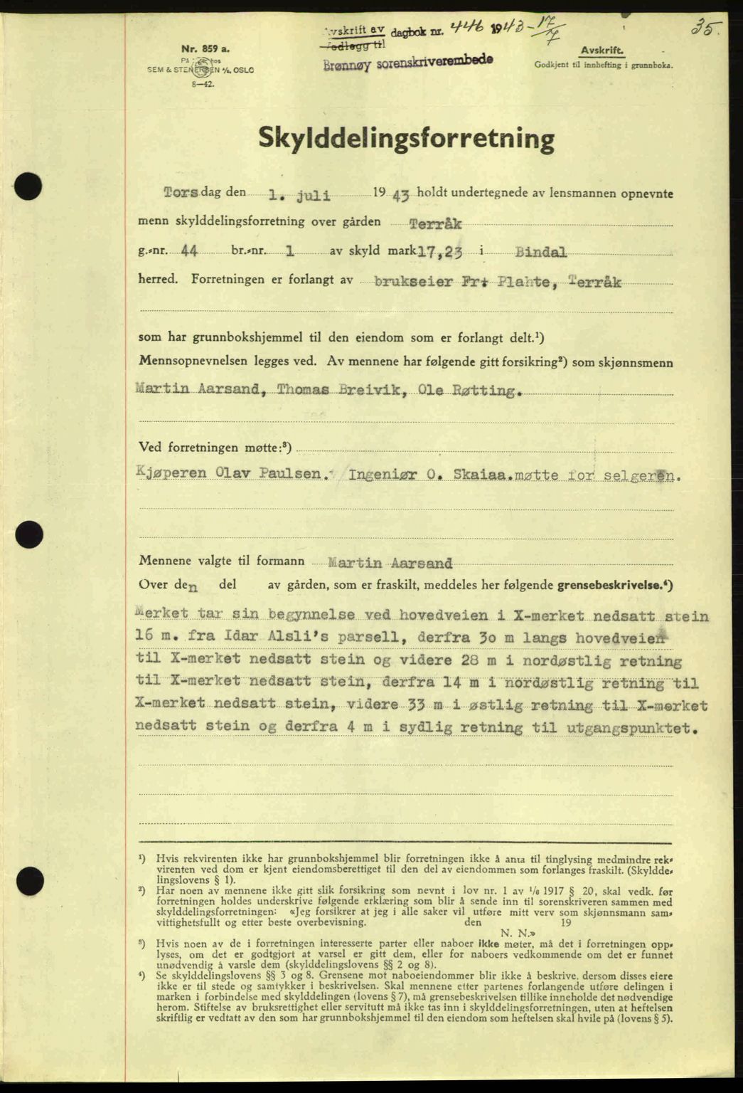 Brønnøy sorenskriveri, SAT/A-4170/1/2/2C: Pantebok nr. 23, 1943-1944, Dagboknr: 446/1943