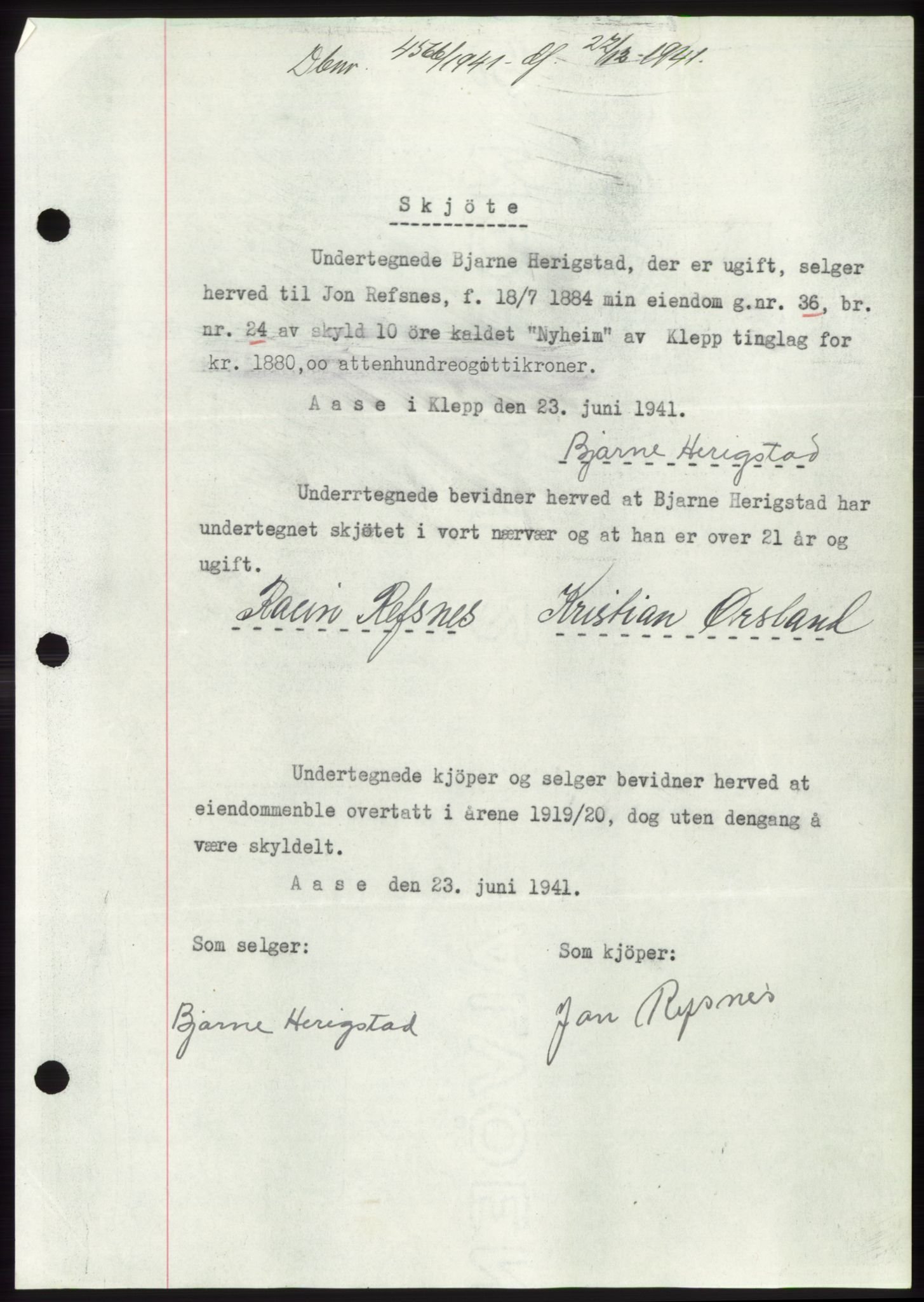 Jæren sorenskriveri, SAST/A-100310/03/G/Gba/L0081: Pantebok, 1941-1941, Dagboknr: 4566/1941