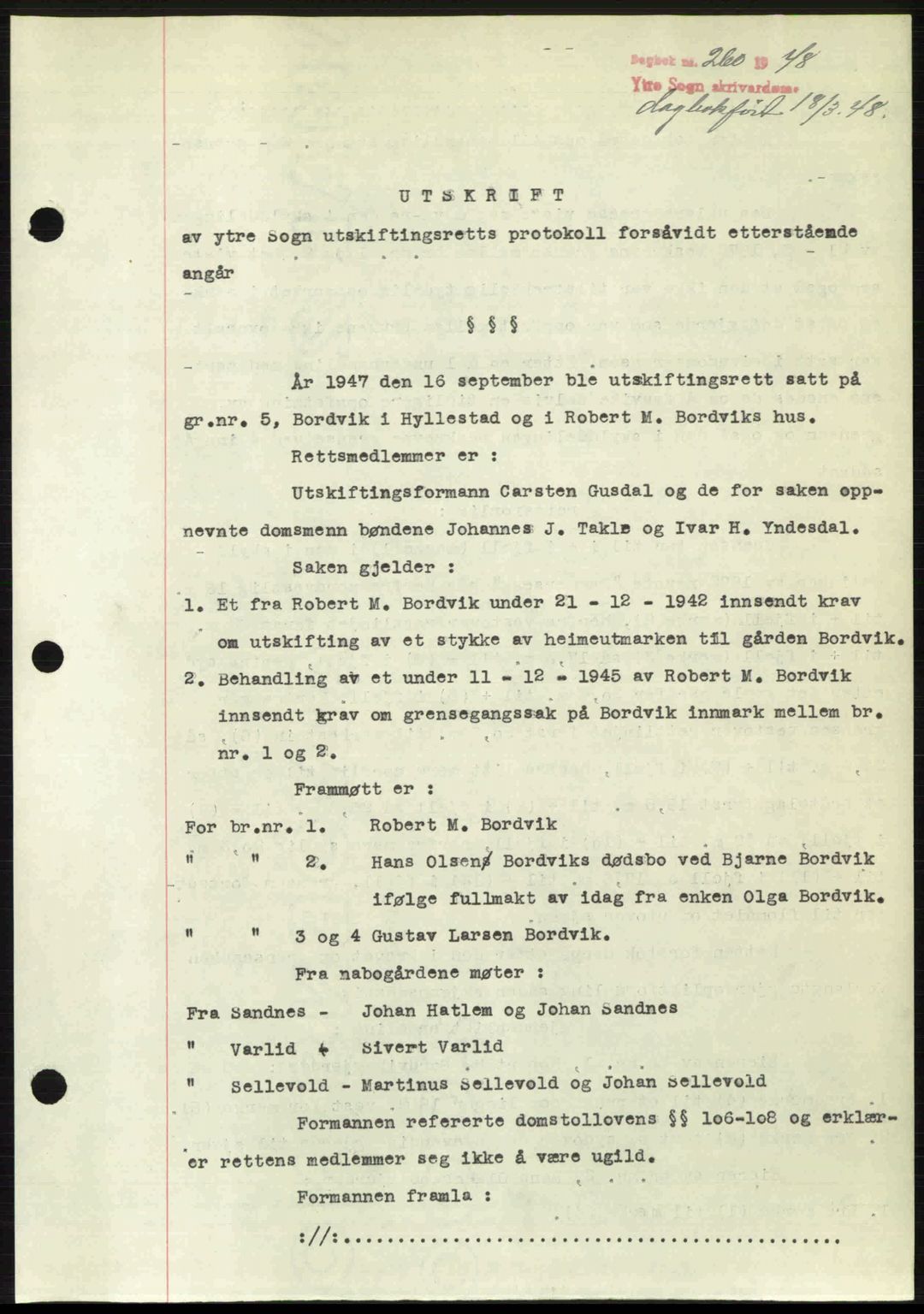 Ytre Sogn tingrett, SAB/A-2601/1/G/Gbb/L0005: Pantebok nr. A3 - A4 (B2), 1947-1948, Dagboknr: 260/1948