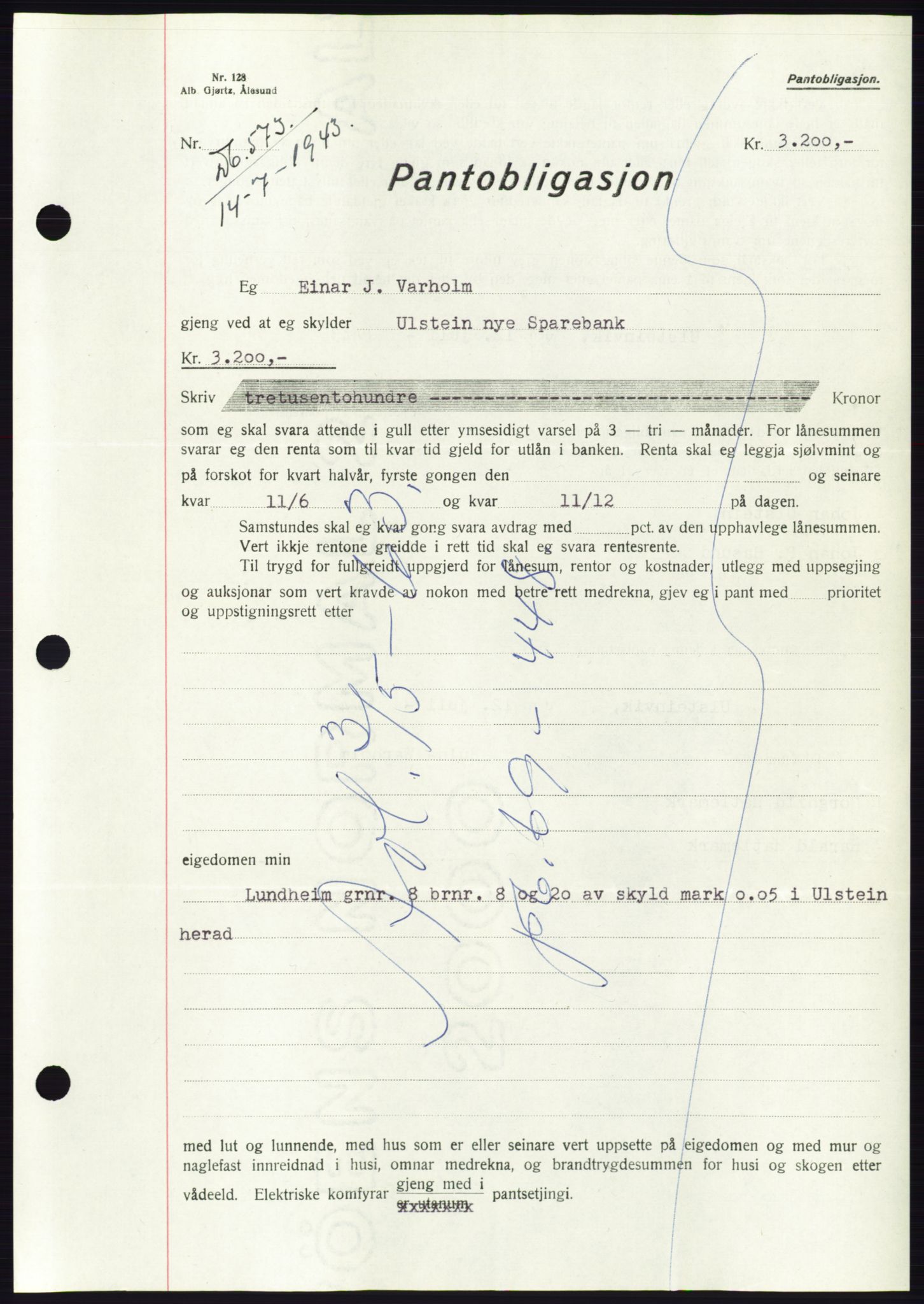 Søre Sunnmøre sorenskriveri, AV/SAT-A-4122/1/2/2C/L0114: Pantebok nr. 1-2B, 1943-1947, Dagboknr: 573/1943