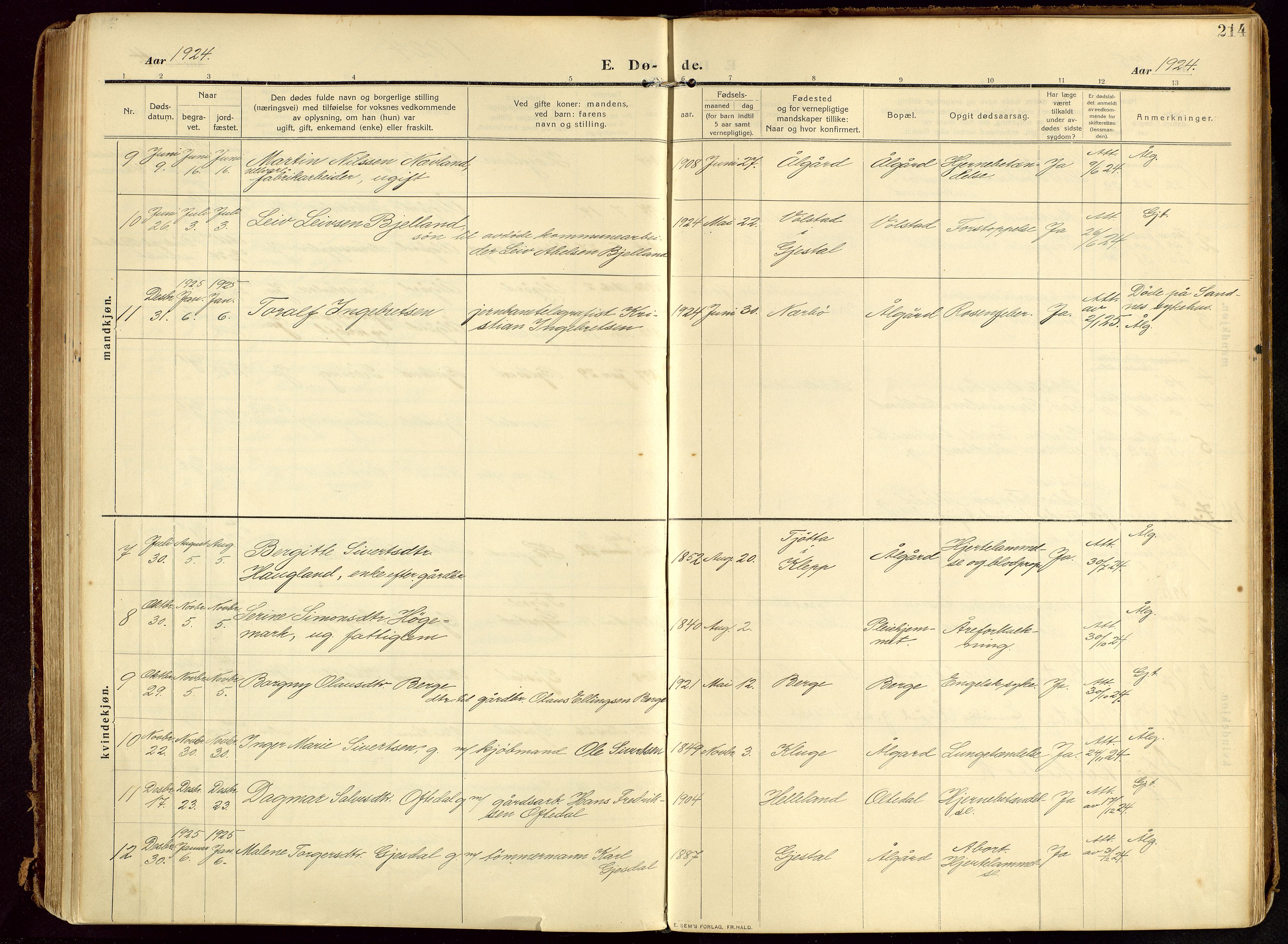 Lye sokneprestkontor, AV/SAST-A-101794/002/B/L0001: Ministerialbok nr. A 13, 1910-1925, s. 214