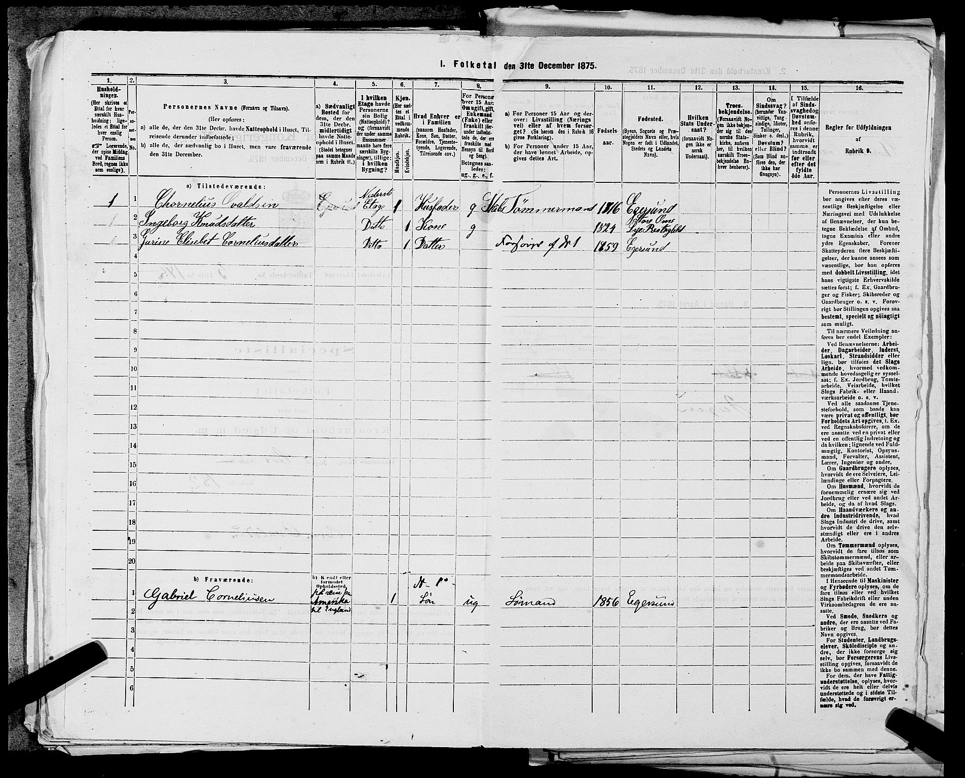 SAST, Folketelling 1875 for 1101B Eigersund prestegjeld, Egersund ladested, 1875, s. 307