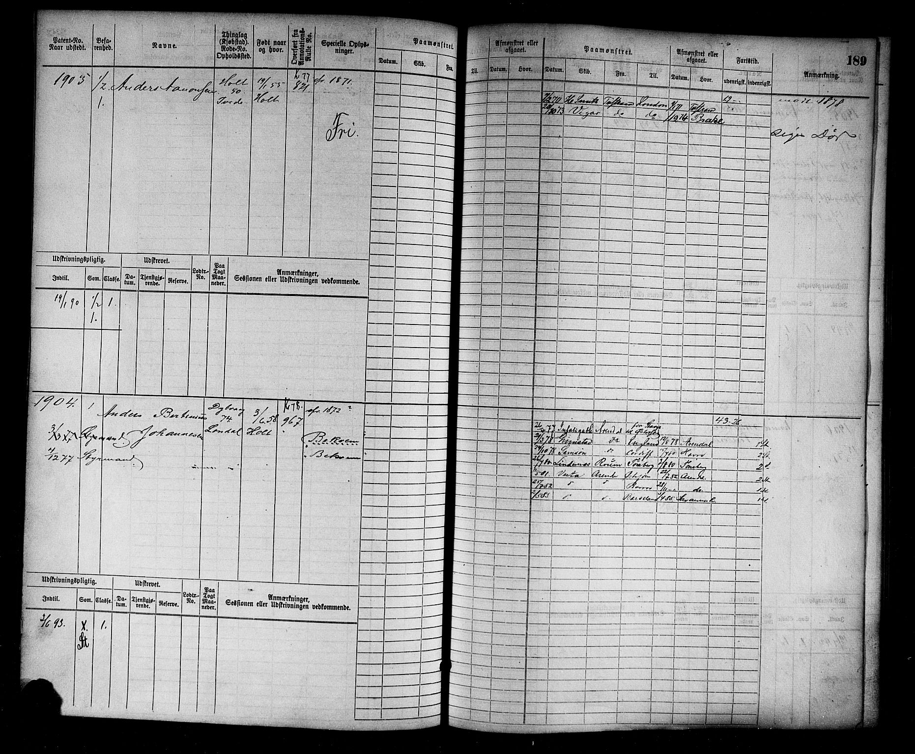 Tvedestrand mønstringskrets, SAK/2031-0011/F/Fb/L0003: Hovedrulle nr 1529-2289, R-4, 1870-1910, s. 191