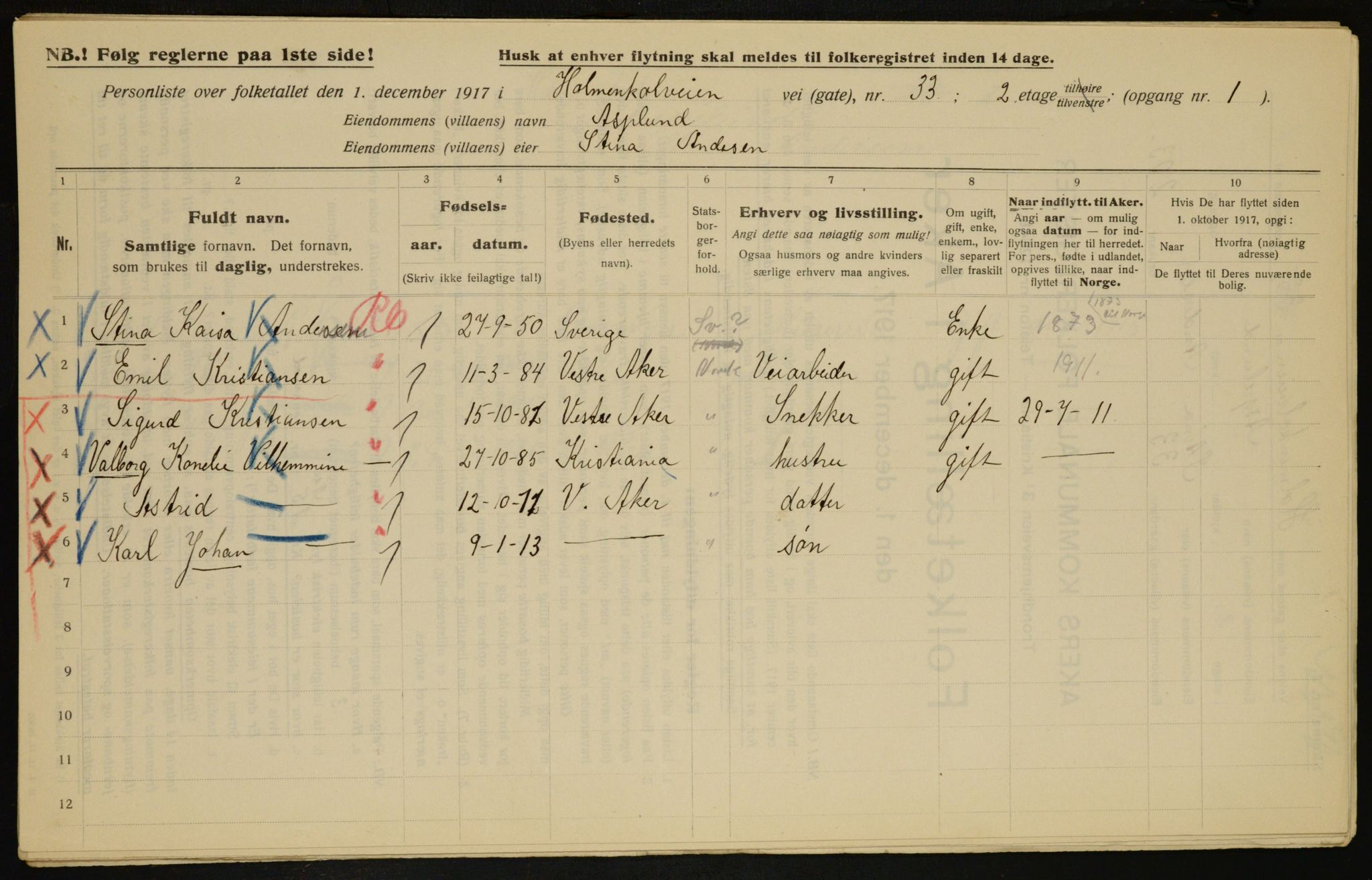 OBA, Kommunal folketelling 1.12.1917 for Aker, 1917, s. 8238