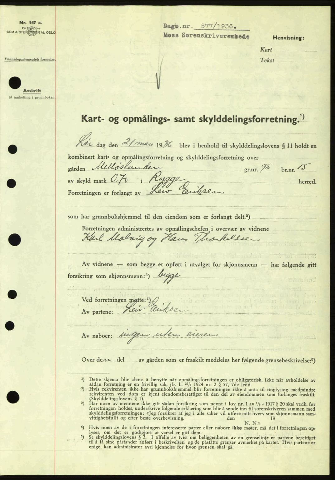 Moss sorenskriveri, SAO/A-10168: Pantebok nr. A1, 1936-1936, Dagboknr: 577/1936