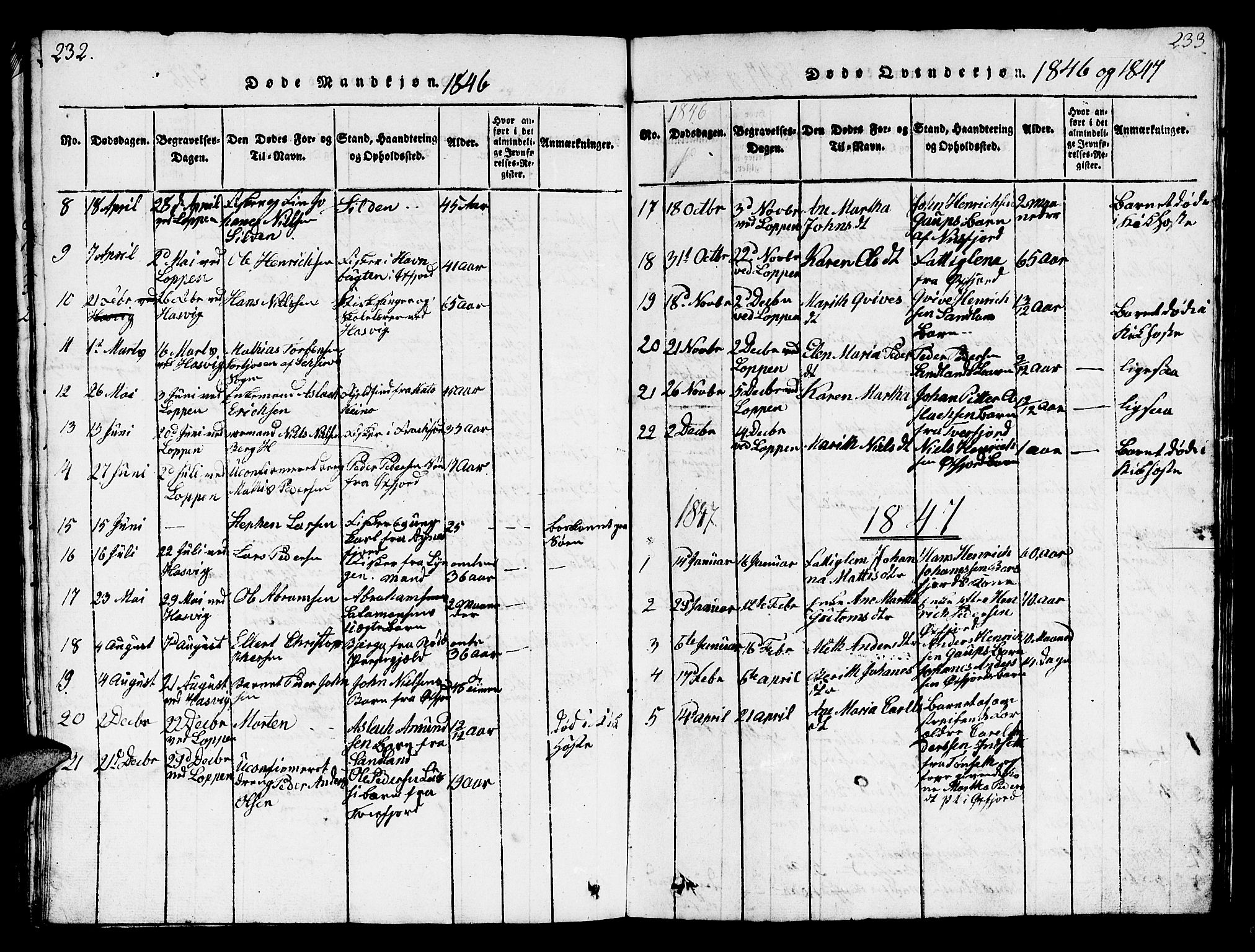 Loppa sokneprestkontor, AV/SATØ-S-1339/H/Hb/L0001klokker: Klokkerbok nr. 1, 1820-1849, s. 232-233