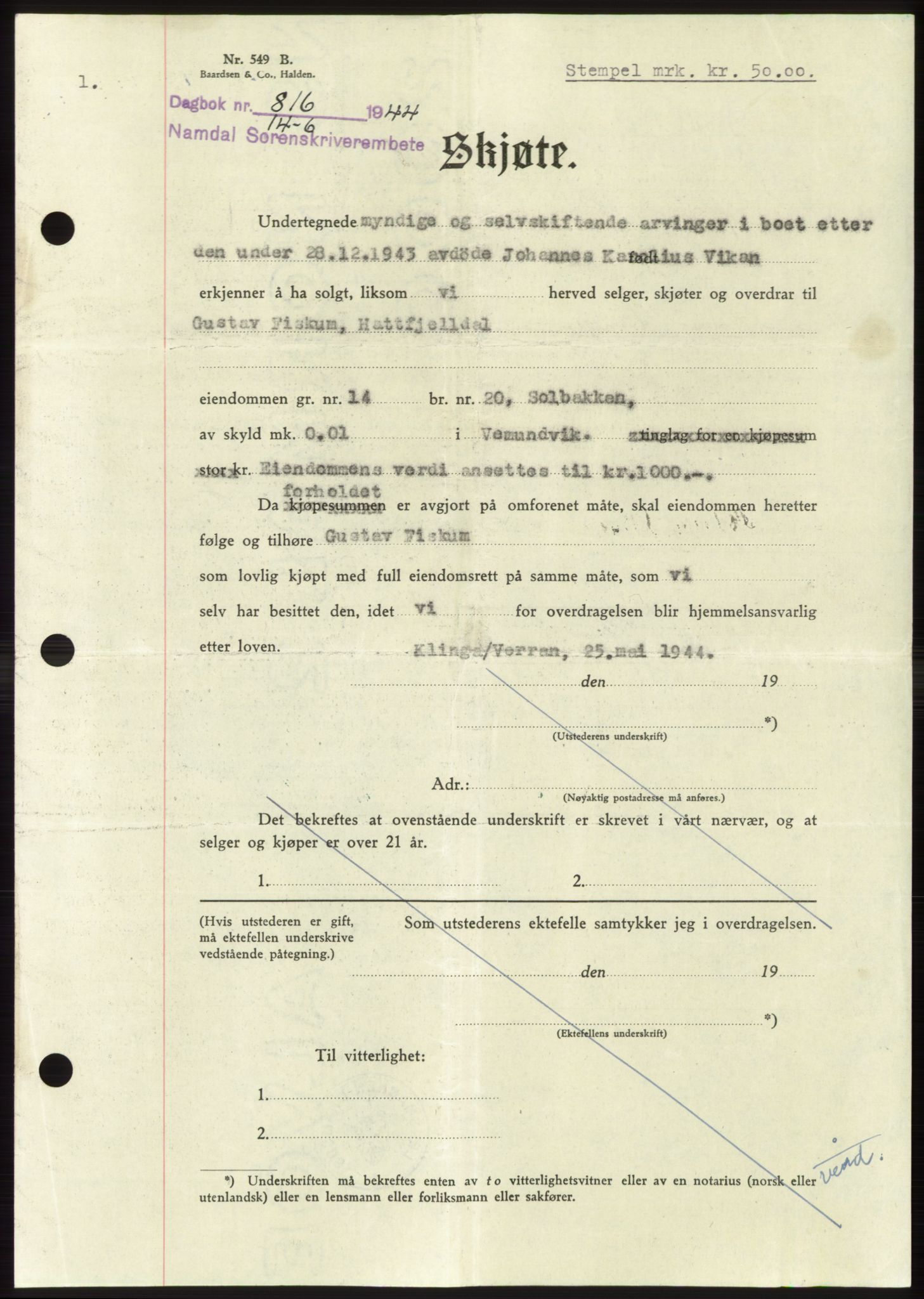 Namdal sorenskriveri, SAT/A-4133/1/2/2C: Pantebok nr. -, 1944-1945, Dagboknr: 816/1944