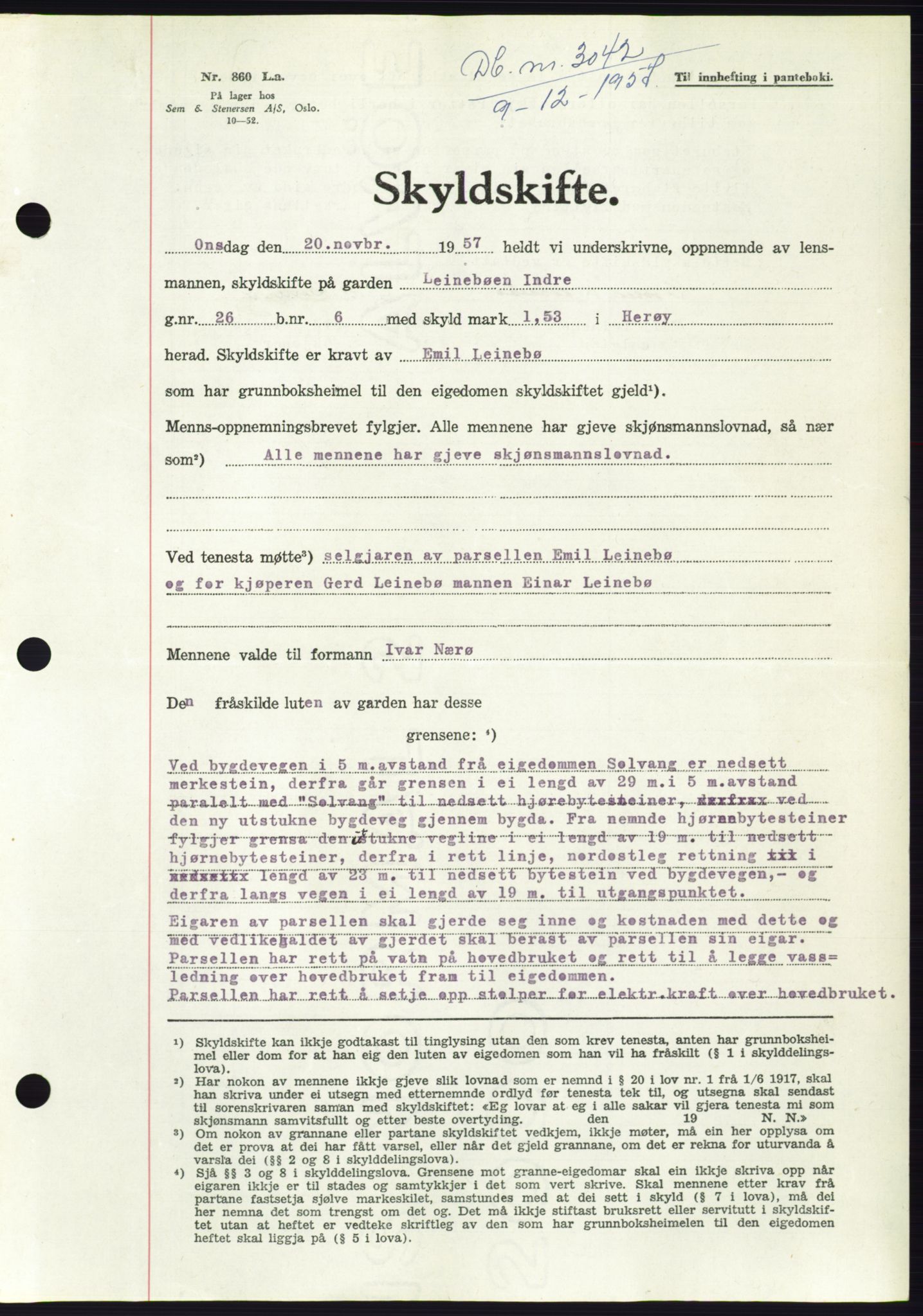 Søre Sunnmøre sorenskriveri, AV/SAT-A-4122/1/2/2C/L0108: Pantebok nr. 34A, 1957-1958, Dagboknr: 3042/1957