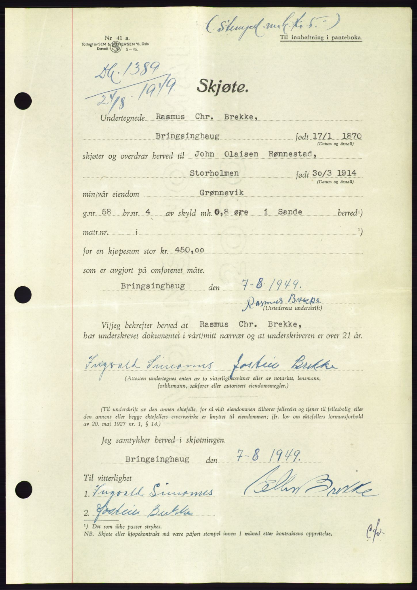 Søre Sunnmøre sorenskriveri, SAT/A-4122/1/2/2C/L0085: Pantebok nr. 11A, 1949-1949, Dagboknr: 1389/1949