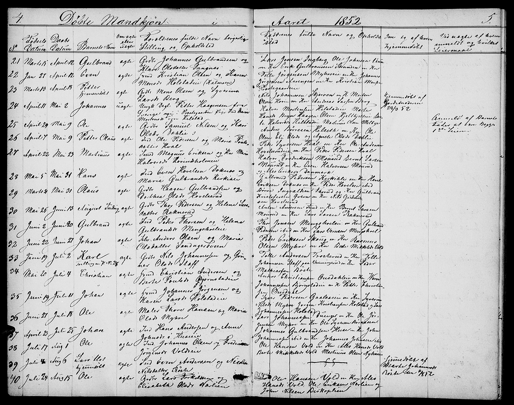 Nes prestekontor, Hedmark, AV/SAH-PREST-020/L/La/L0005: Klokkerbok nr. 5, 1852-1889, s. 4-5