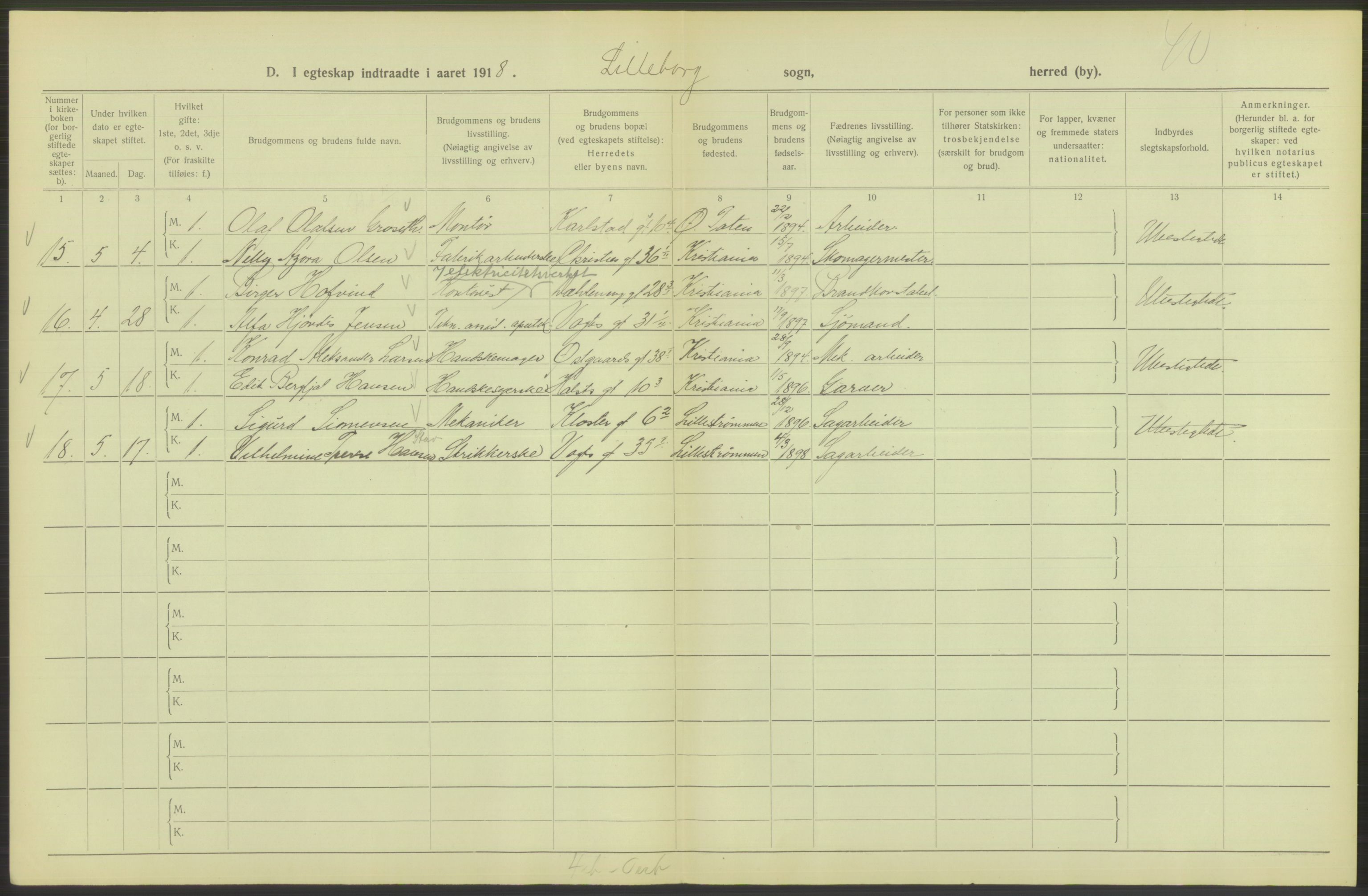 Statistisk sentralbyrå, Sosiodemografiske emner, Befolkning, AV/RA-S-2228/D/Df/Dfb/Dfbh/L0009: Kristiania: Gifte, 1918, s. 436