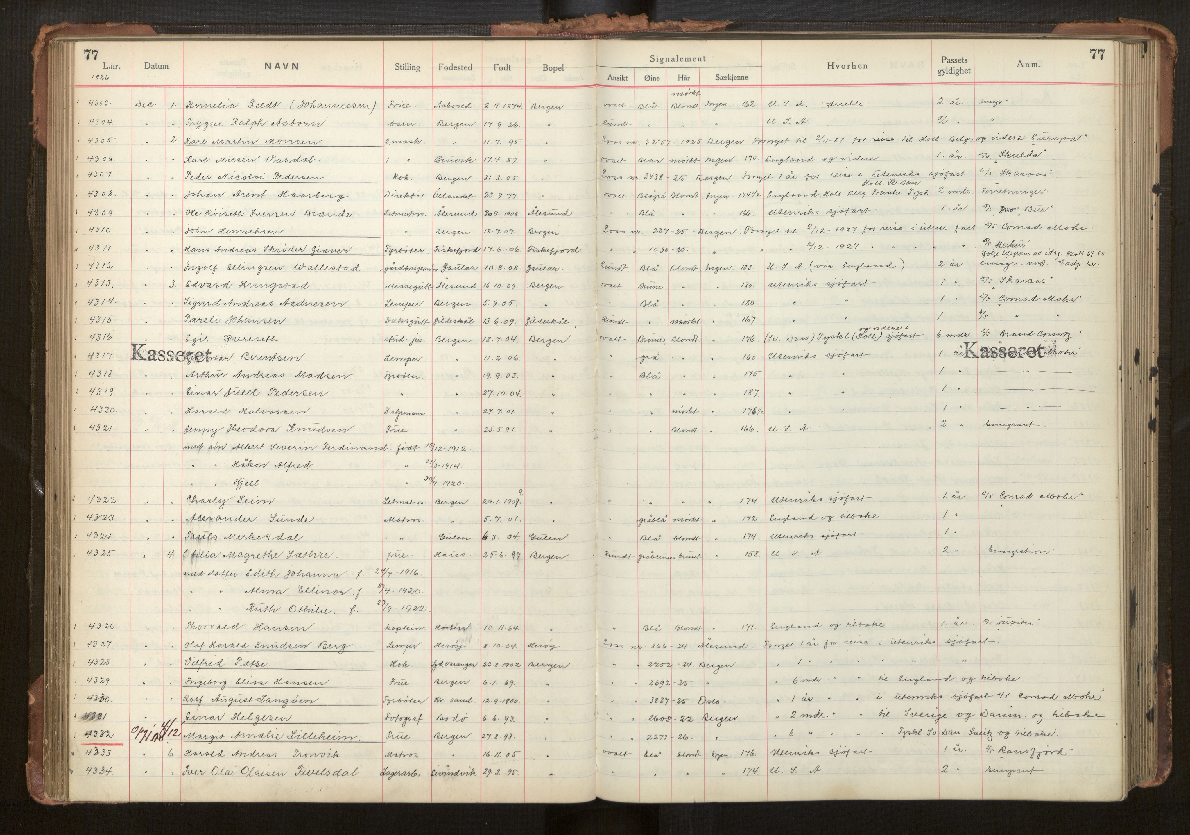 Bergen politikammer / politidistrikt, AV/SAB-A-60401/L/La/Lab/L0011: Passprotokoll, 1926-1928