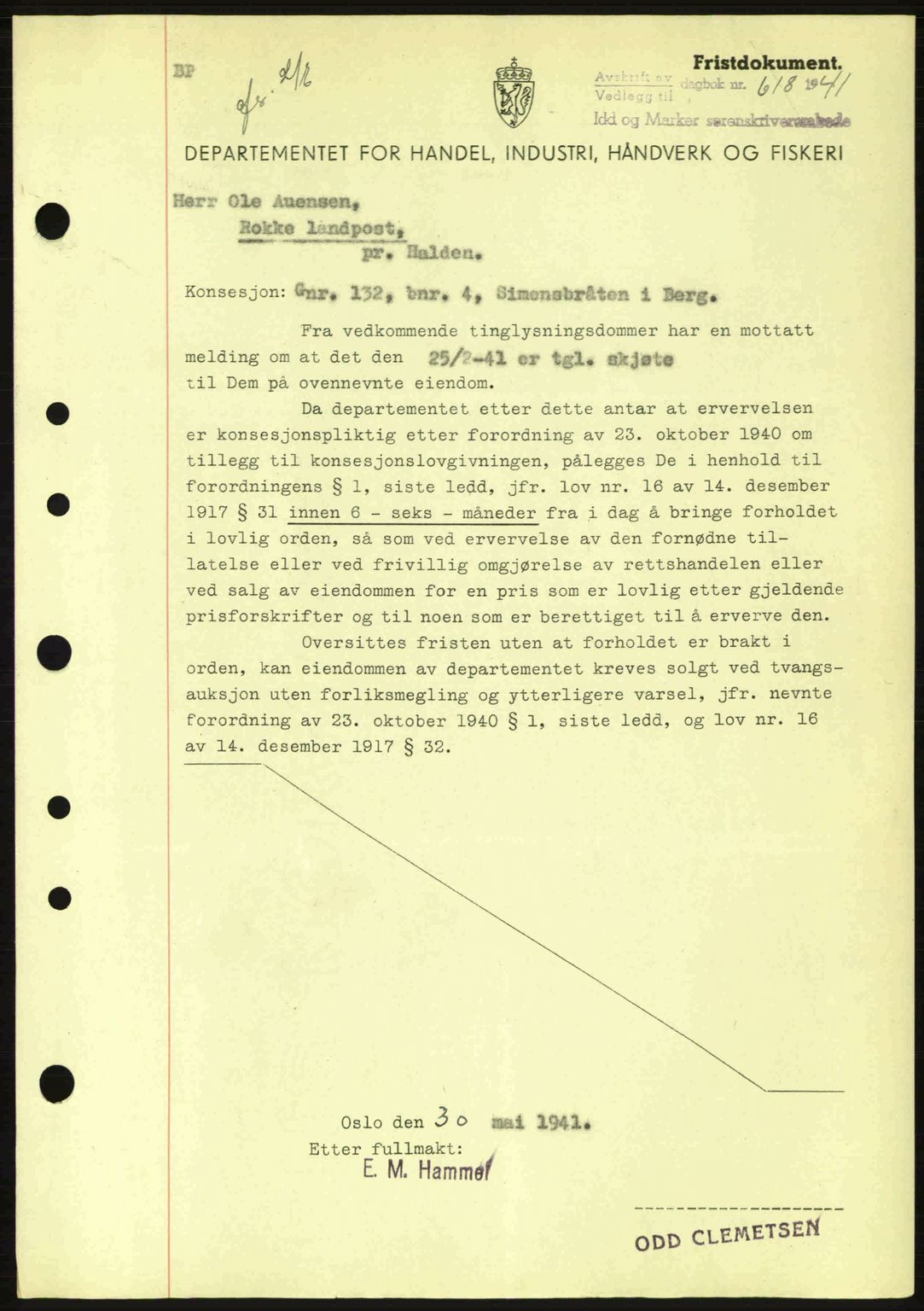 Idd og Marker sorenskriveri, AV/SAO-A-10283/G/Gb/Gbc/L0002: Pantebok nr. B4-9a, 1939-1945, Dagboknr: 618/1941