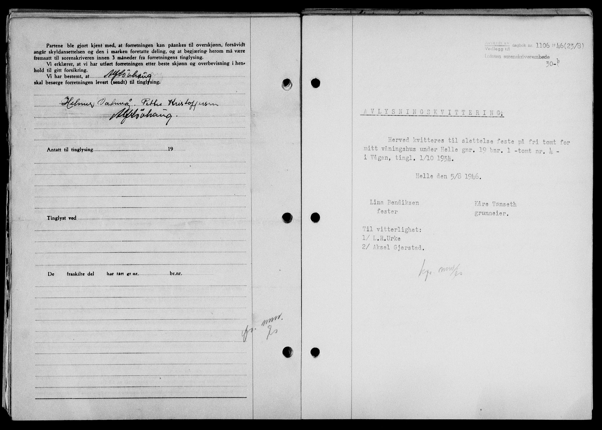 Lofoten sorenskriveri, SAT/A-0017/1/2/2C/L0014a: Pantebok nr. 14a, 1946-1946, Dagboknr: 1106/1946