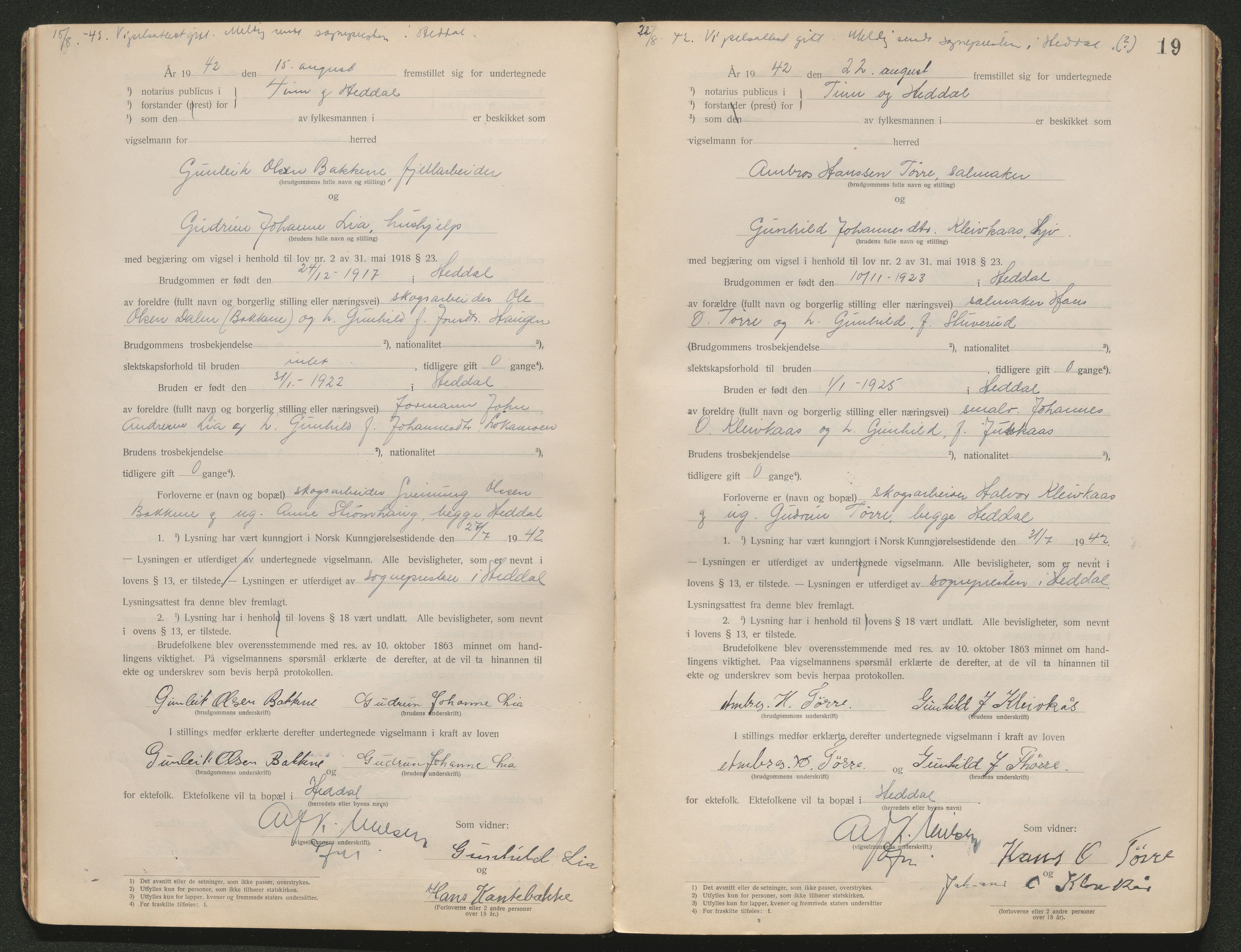 Tinn og Heddal sorenskriveri, AV/SAKO-A-212/L/La/L0003: Vigselsbok - , 1920-1945, s. 19
