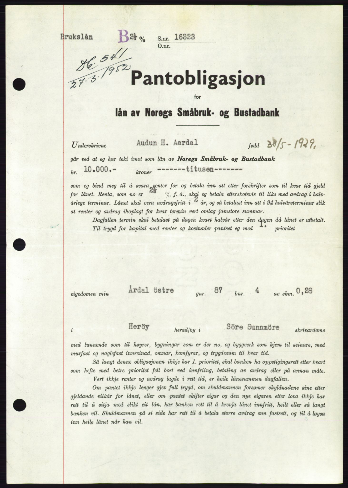 Søre Sunnmøre sorenskriveri, AV/SAT-A-4122/1/2/2C/L0121: Pantebok nr. 9B, 1951-1952, Dagboknr: 541/1952