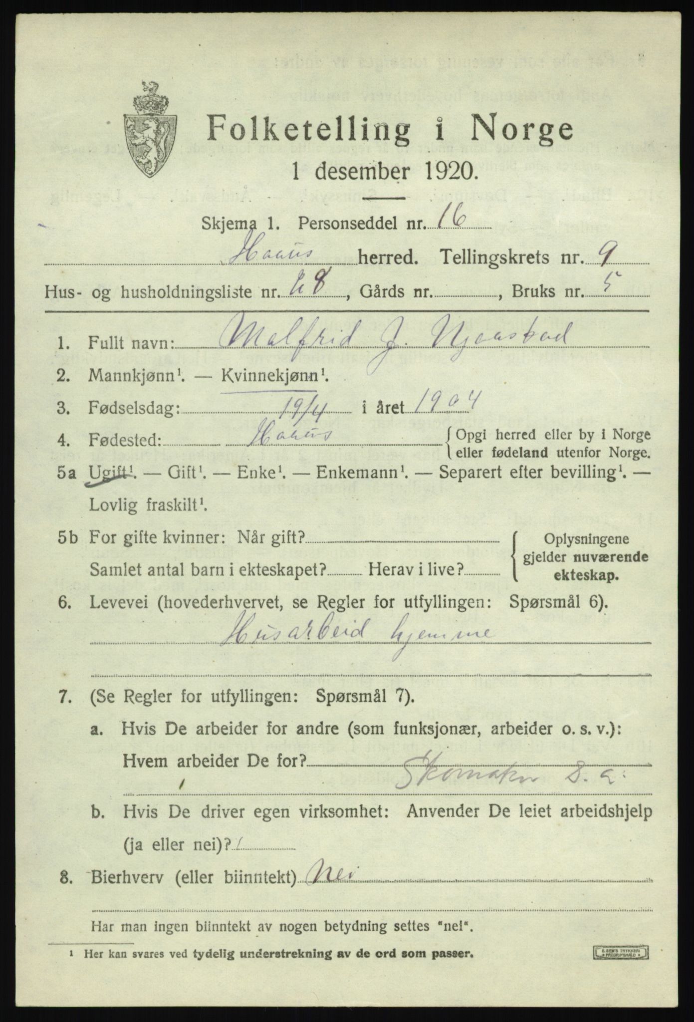 SAB, Folketelling 1920 for 1250 Haus herred, 1920, s. 5925