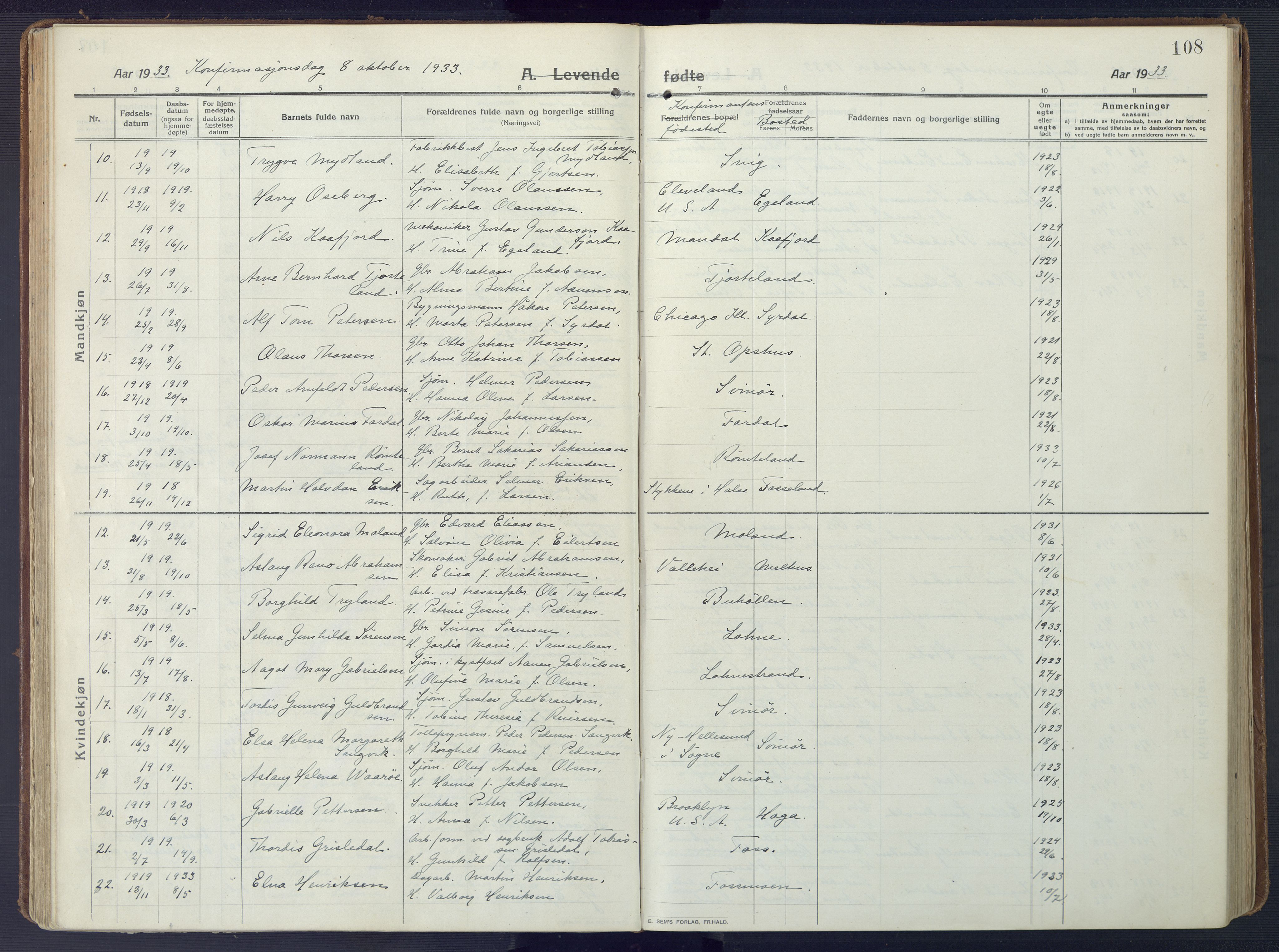 Sør-Audnedal sokneprestkontor, AV/SAK-1111-0039/F/Fa/Fab/L0011: Ministerialbok nr. A 11, 1912-1938, s. 108