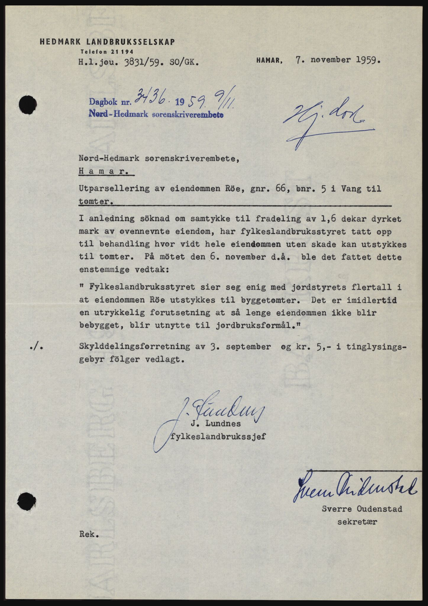 Nord-Hedmark sorenskriveri, SAH/TING-012/H/Hc/L0013: Pantebok nr. 13, 1959-1960, Dagboknr: 3436/1959