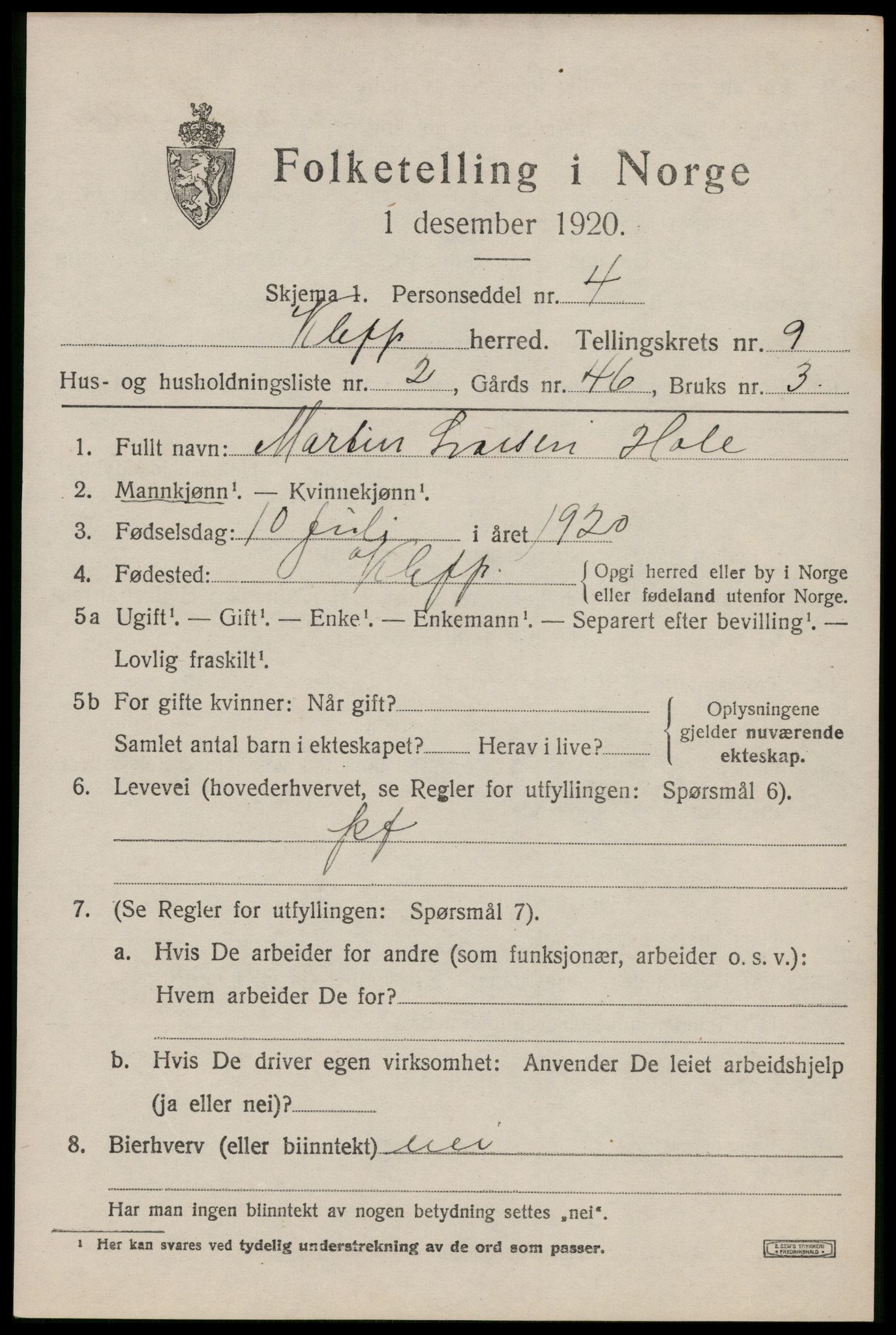SAST, Folketelling 1920 for 1120 Klepp herred, 1920, s. 7588