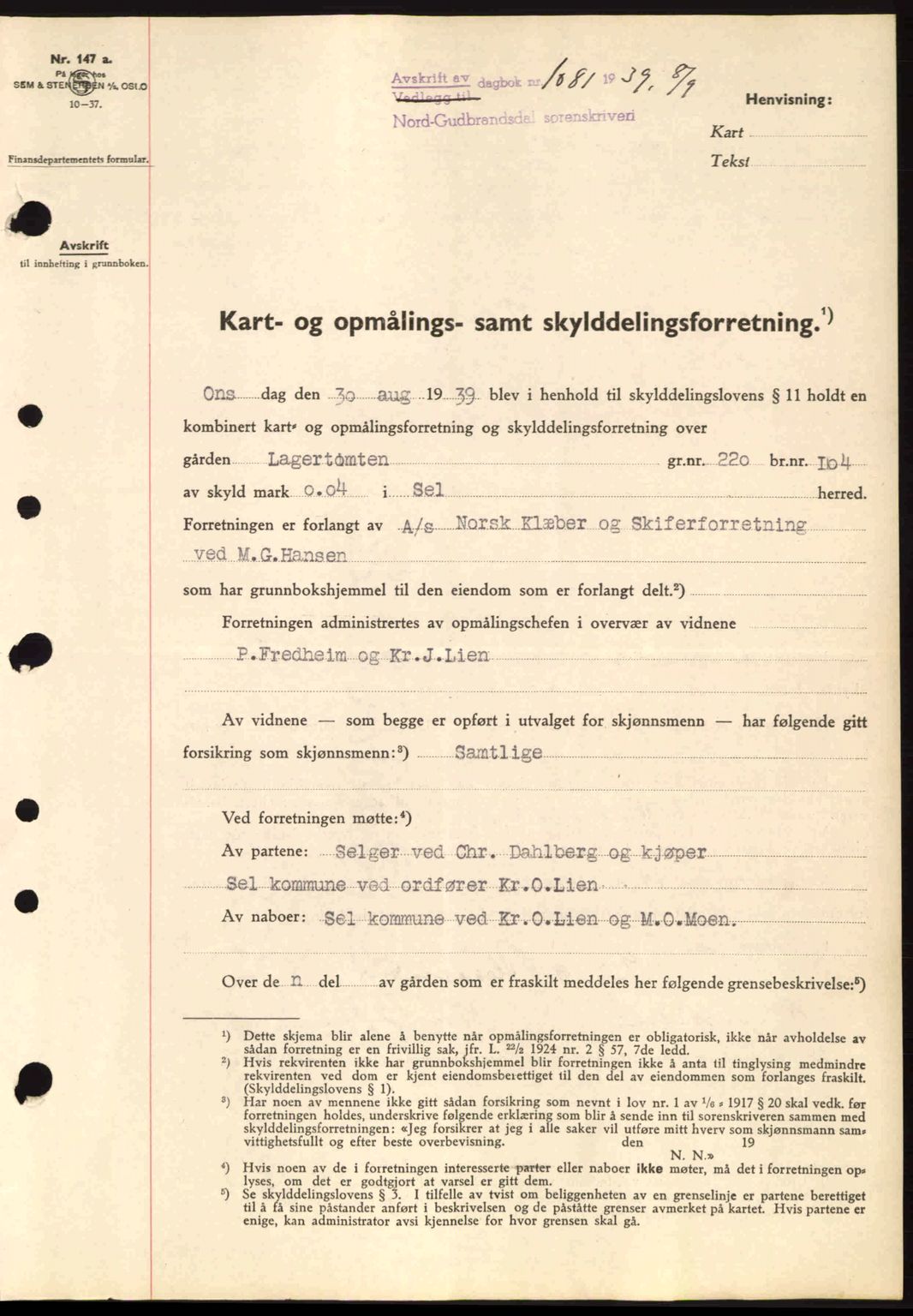 Nord-Gudbrandsdal tingrett, SAH/TING-002/H/Hb/Hbb/L0005: Pantebok nr. FA5, 1939-1940, Dagboknr: 1081/1939