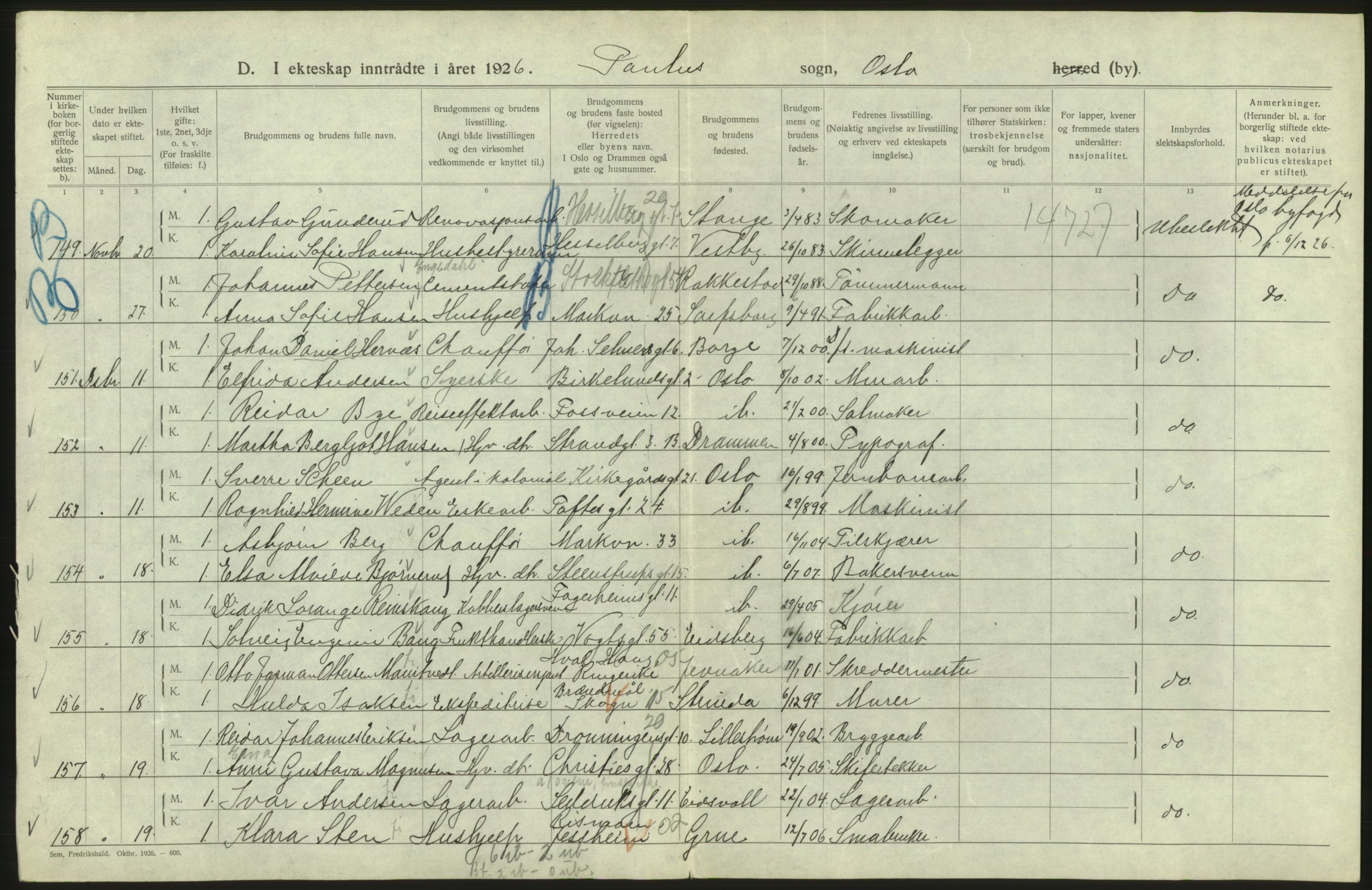 Statistisk sentralbyrå, Sosiodemografiske emner, Befolkning, AV/RA-S-2228/D/Df/Dfc/Dfcf/L0008: Oslo: Gifte, 1926, s. 276