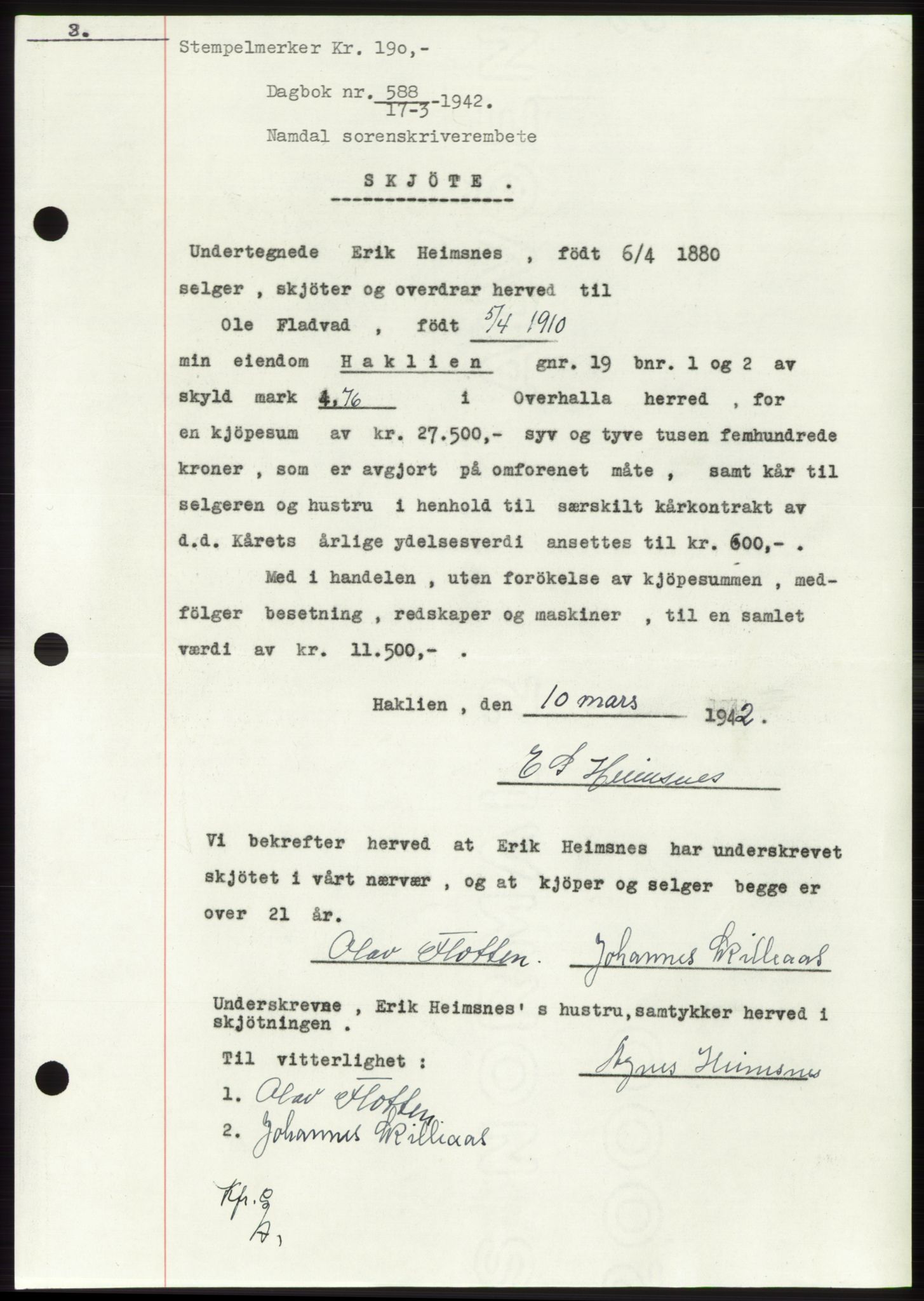 Namdal sorenskriveri, SAT/A-4133/1/2/2C: Pantebok nr. -, 1941-1942, Dagboknr: 588/1942