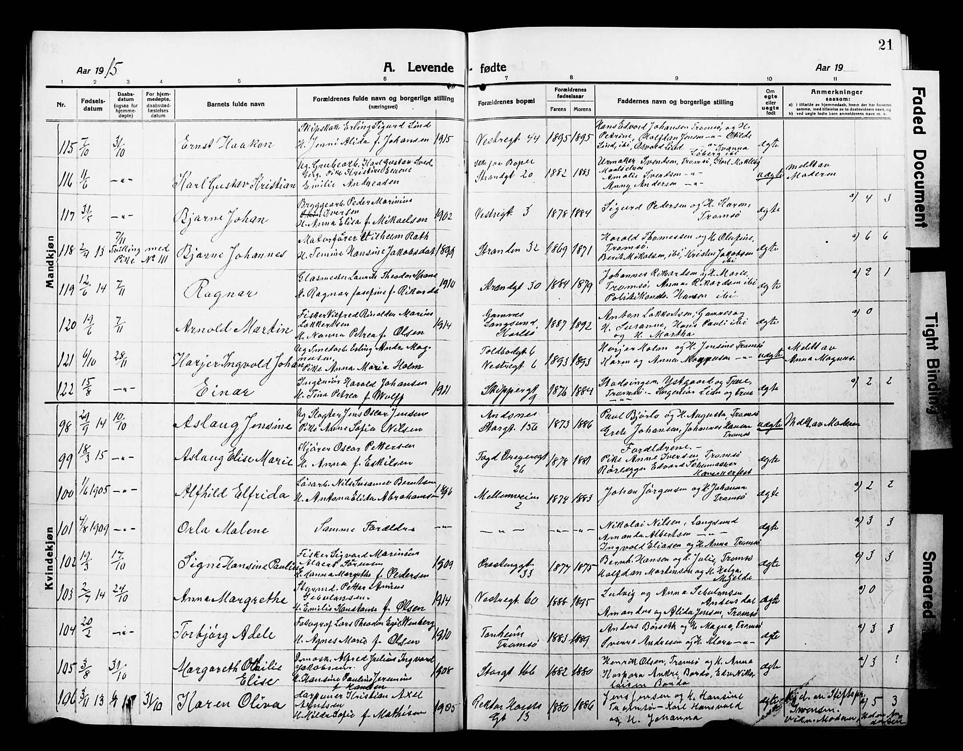 Tromsø sokneprestkontor/stiftsprosti/domprosti, AV/SATØ-S-1343/G/Gb/L0009klokker: Klokkerbok nr. 9, 1915-1925, s. 21
