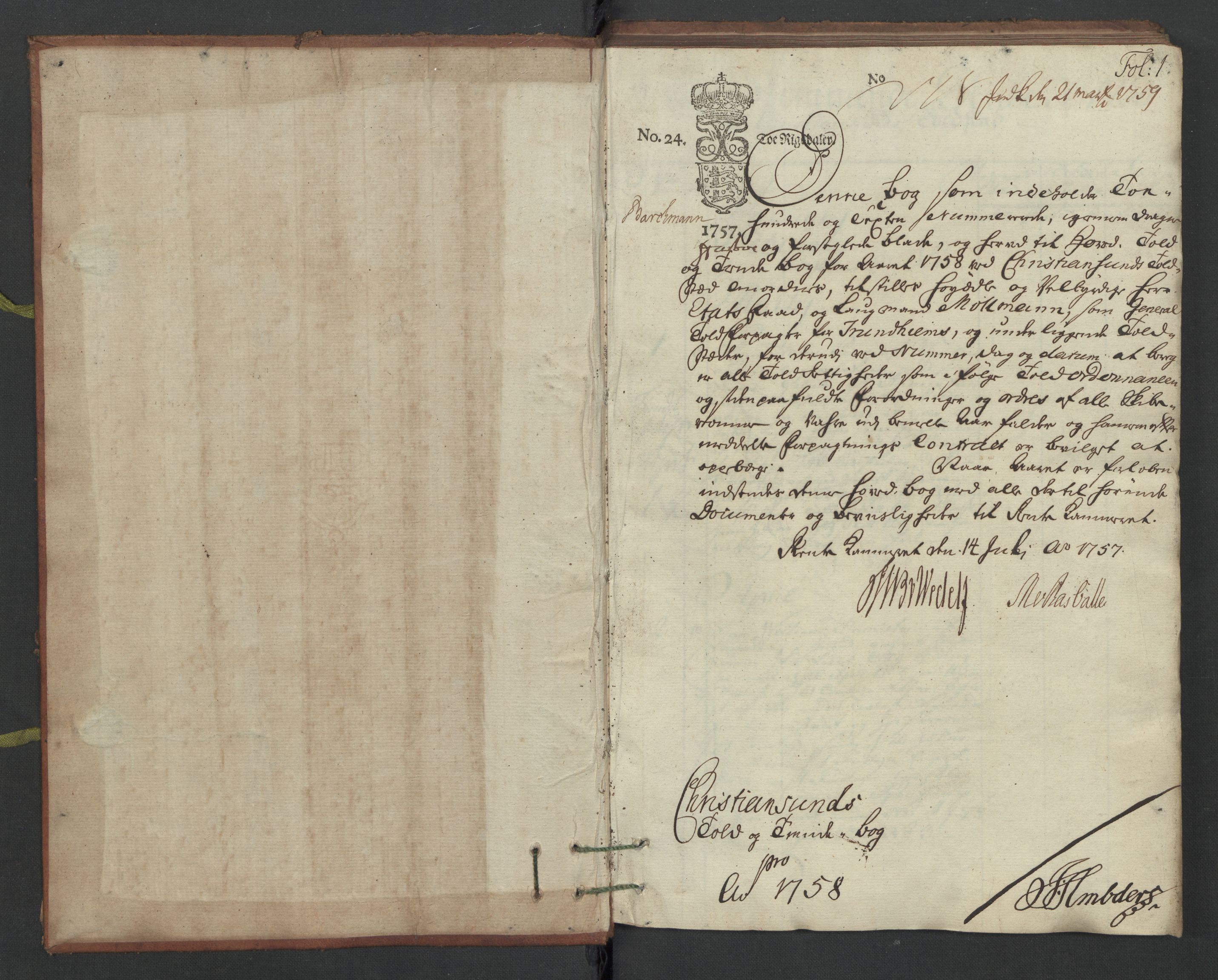 Generaltollkammeret, tollregnskaper, AV/RA-EA-5490/R32/L0015/0001: Tollregnskaper Kristiansund / Hovedtollbok, 1758, s. 1a