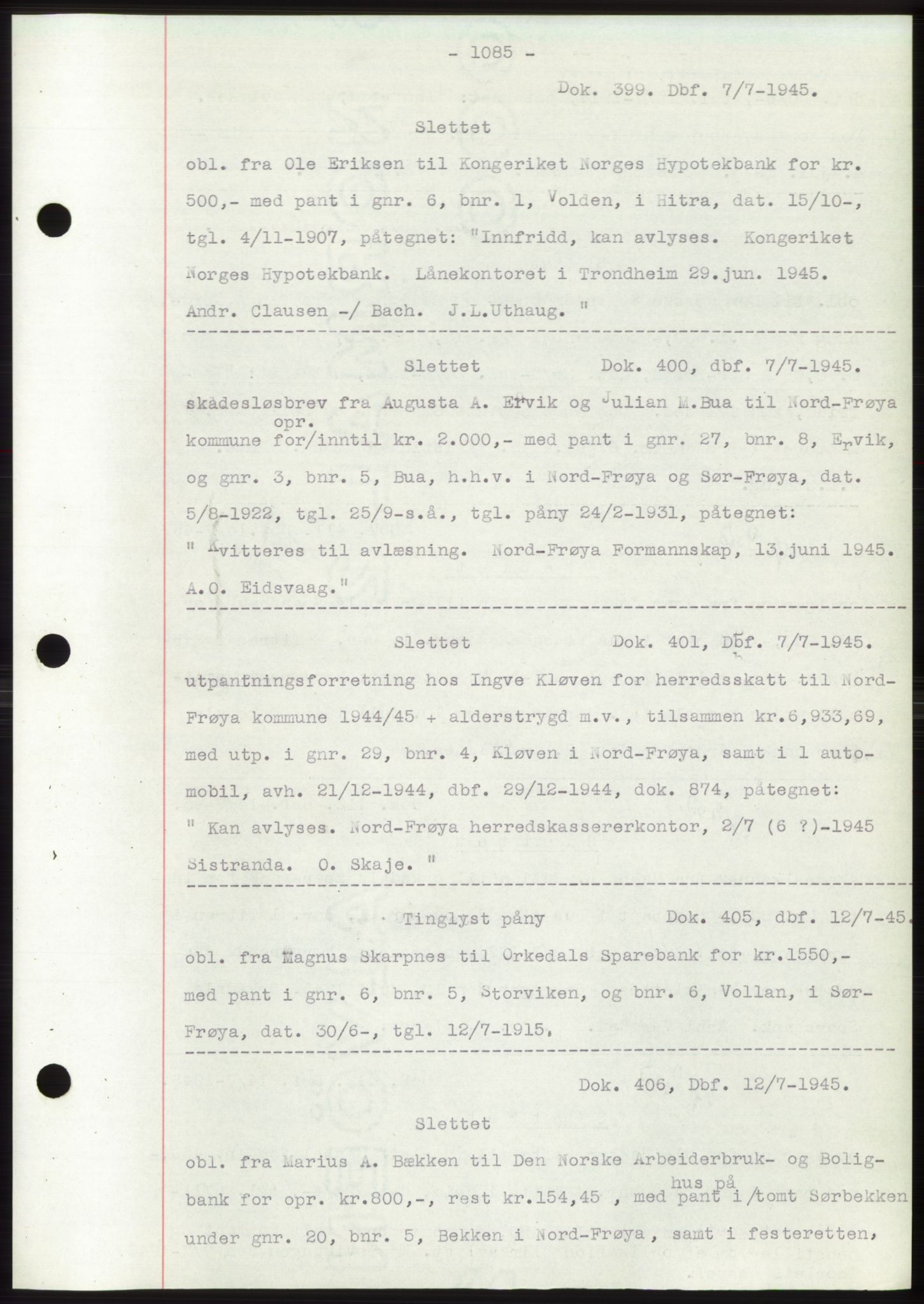 Hitra sorenskriveri, AV/SAT-A-0018/2/2C/2Ca: Pantebok nr. C1, 1936-1945, Dagboknr: 399/1945