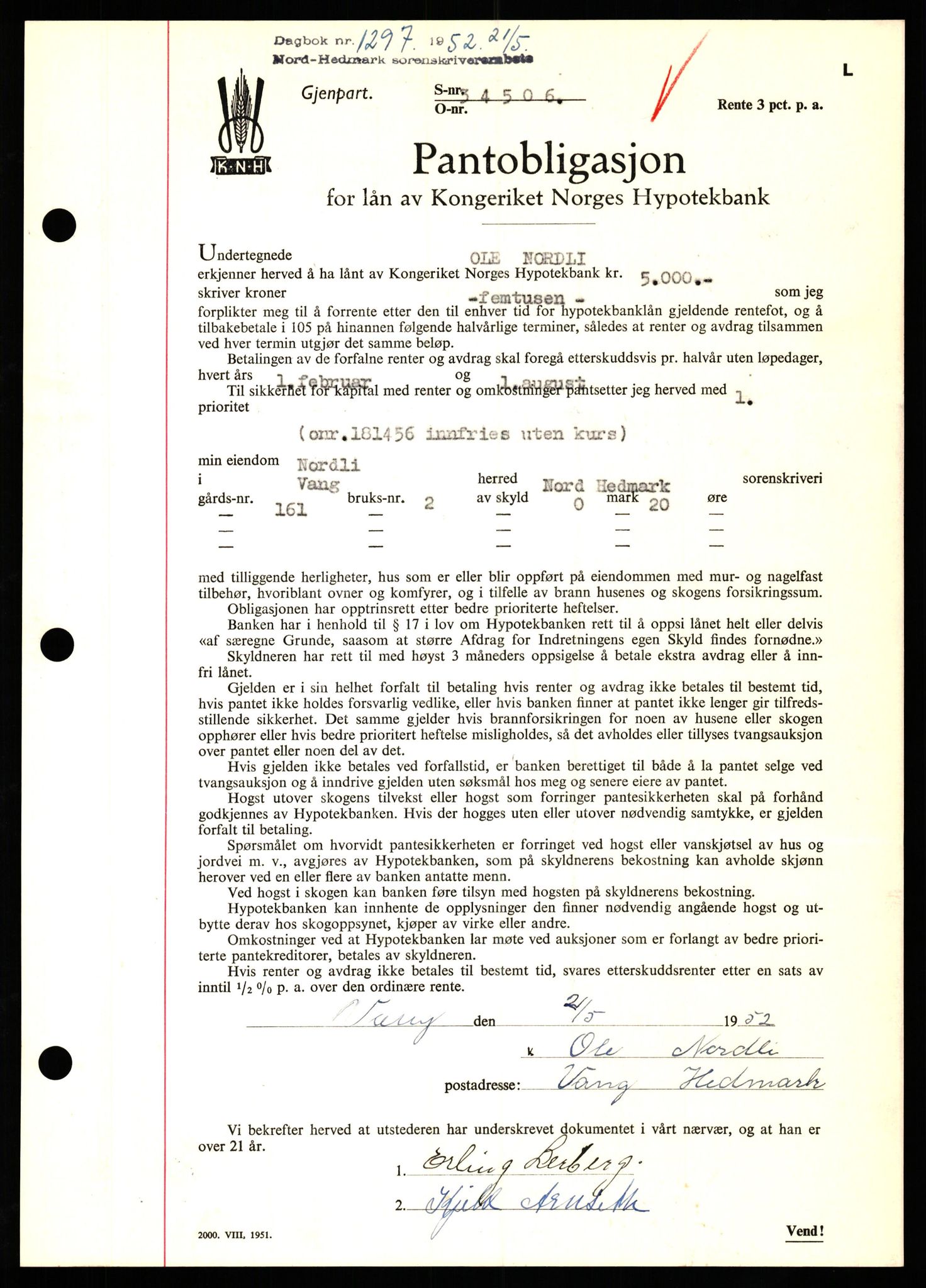 Nord-Hedmark sorenskriveri, SAH/TING-012/H/Hb/Hbf/L0025: Pantebok nr. B25, 1952-1952, Dagboknr: 1297/1952