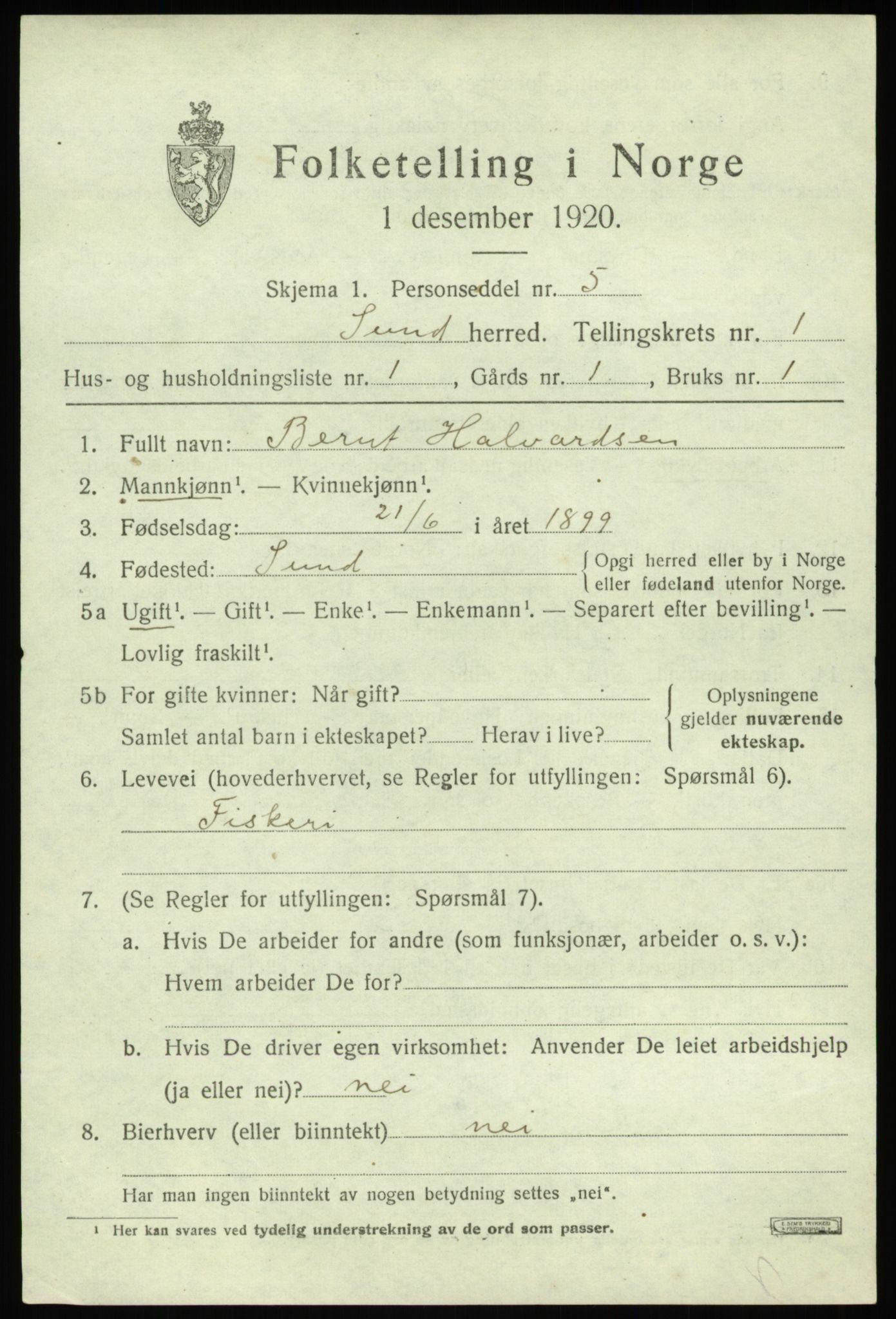 SAB, Folketelling 1920 for 1245 Sund herred, 1920, s. 927