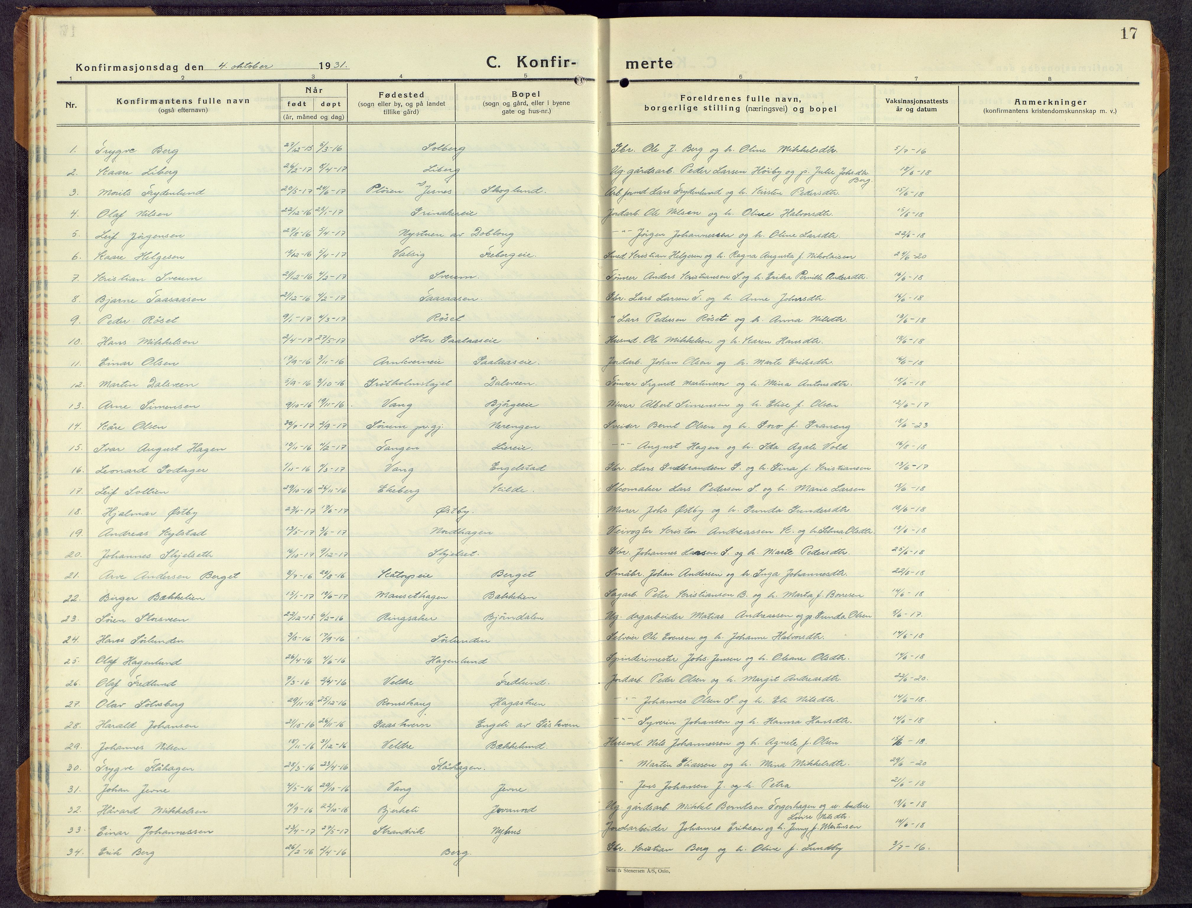 Furnes prestekontor, SAH/PREST-012/L/La/L0004: Klokkerbok nr. 4, 1926-1970, s. 16b-17a