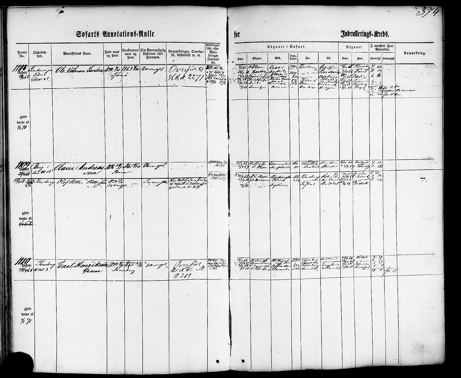 Tønsberg innrulleringskontor, SAKO/A-786/F/Fb/L0001: Annotasjonsrulle Patent nr. 1-1724, 1860-1868, s. 392