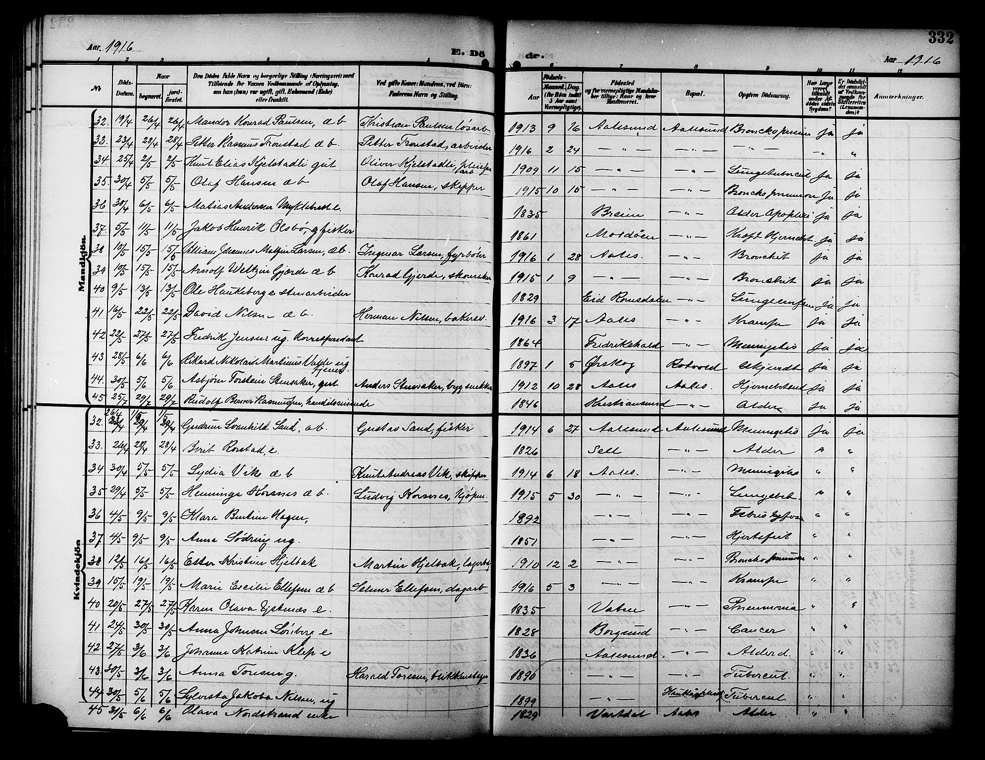 Ministerialprotokoller, klokkerbøker og fødselsregistre - Møre og Romsdal, AV/SAT-A-1454/529/L0470: Klokkerbok nr. 529C07, 1907-1917, s. 332