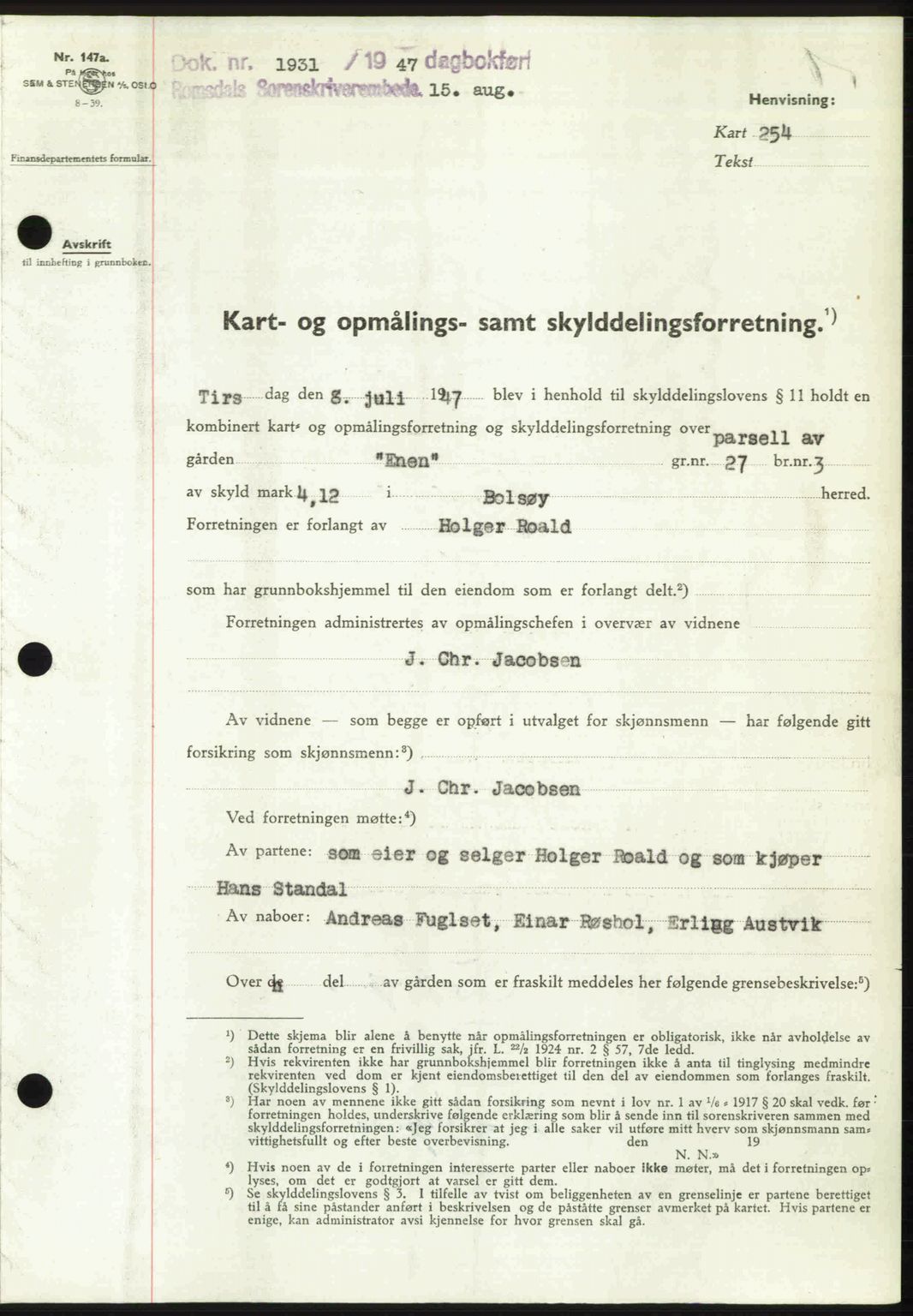 Romsdal sorenskriveri, AV/SAT-A-4149/1/2/2C: Pantebok nr. A23, 1947-1947, Dagboknr: 1931/1947